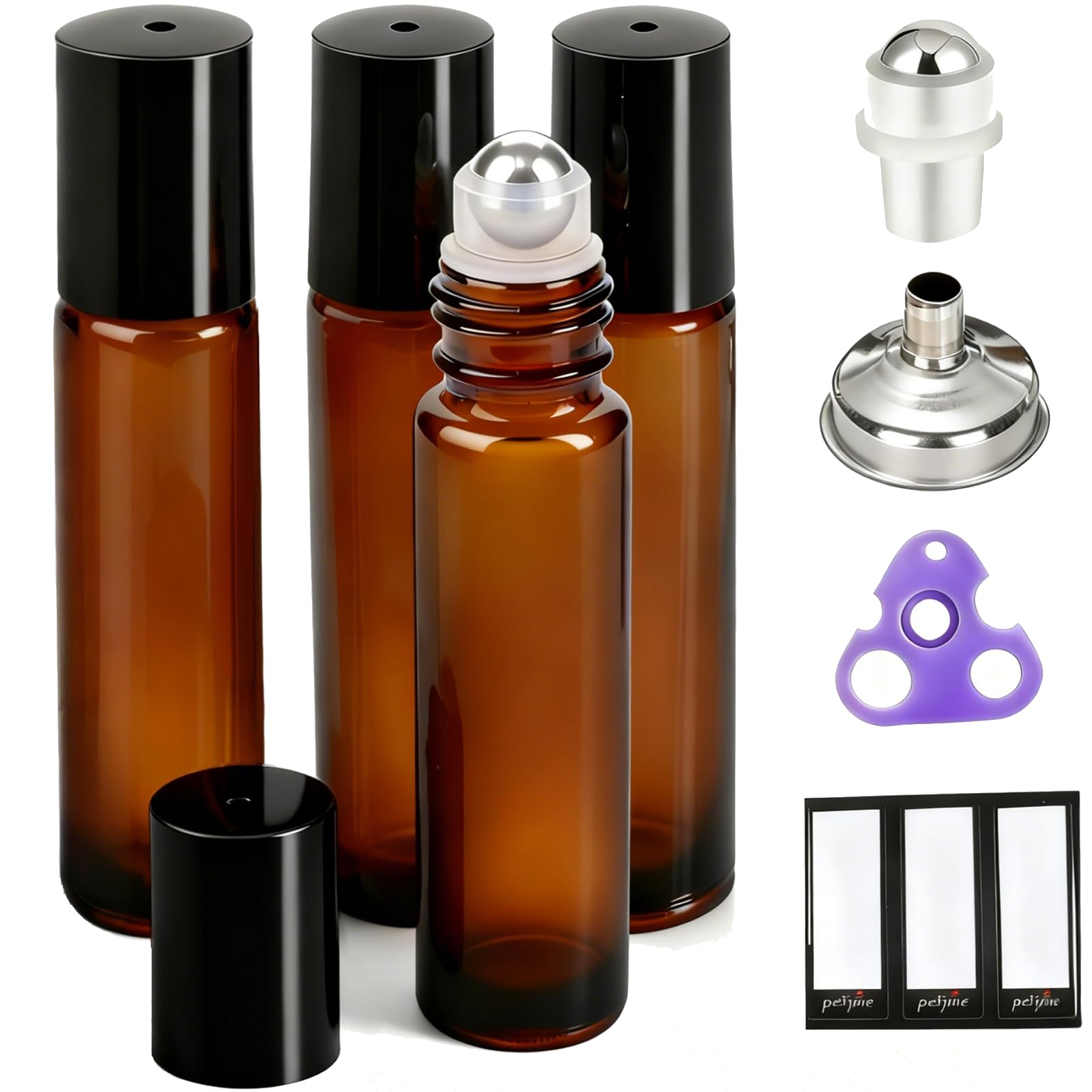 PrettyCare 4 Pack 10 ml Amber Glass Roller Bottles for Essential Oil with Stainless Steel Roller Ball -