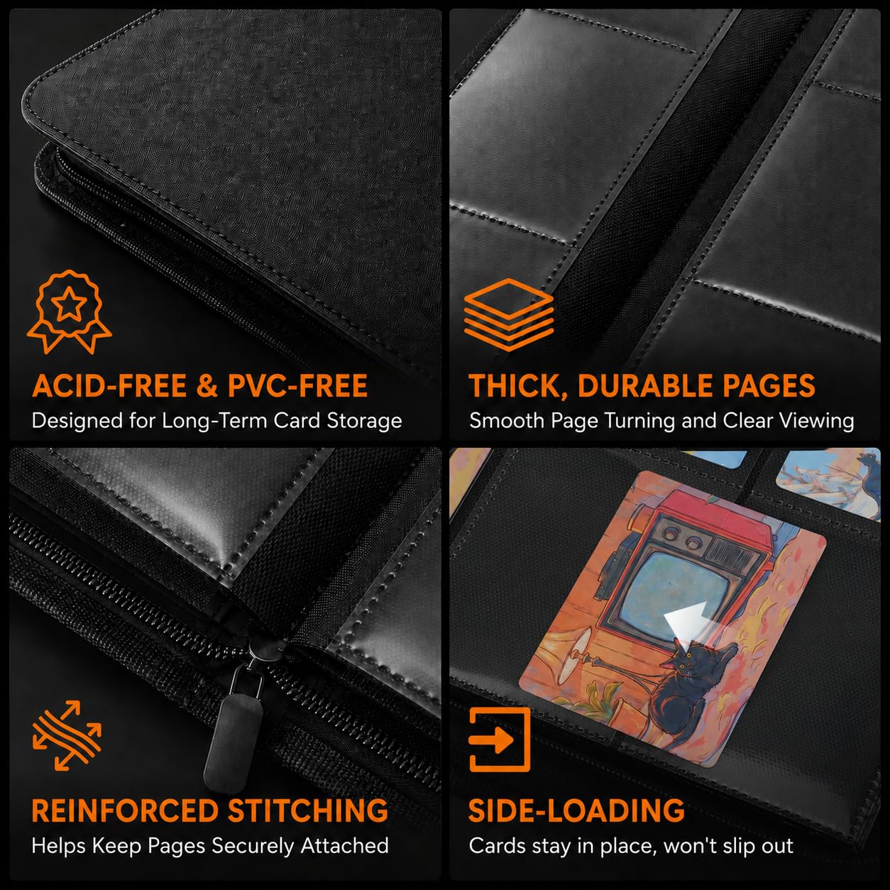 Raccoglitore per carte collezionabili, 9 tasche, raccoglitore di carte di alta qualità, per 360 carte, resistente album per carte a caricamento laterale, con cerniera, perfetto per carte TCG, MTG e