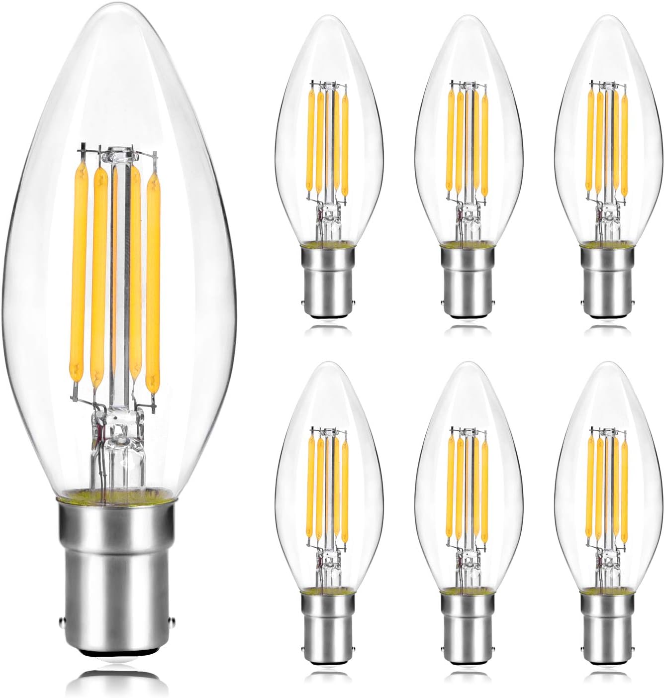 WEDNA B15 LED Filament Candle Bulbs, Small Bayonet Cap 4W C35 Glass Light Bulb, 40W Incandescent Equivalent, Warm White 2700K Non-Dimmable - 6 Pack [Energy Class F]