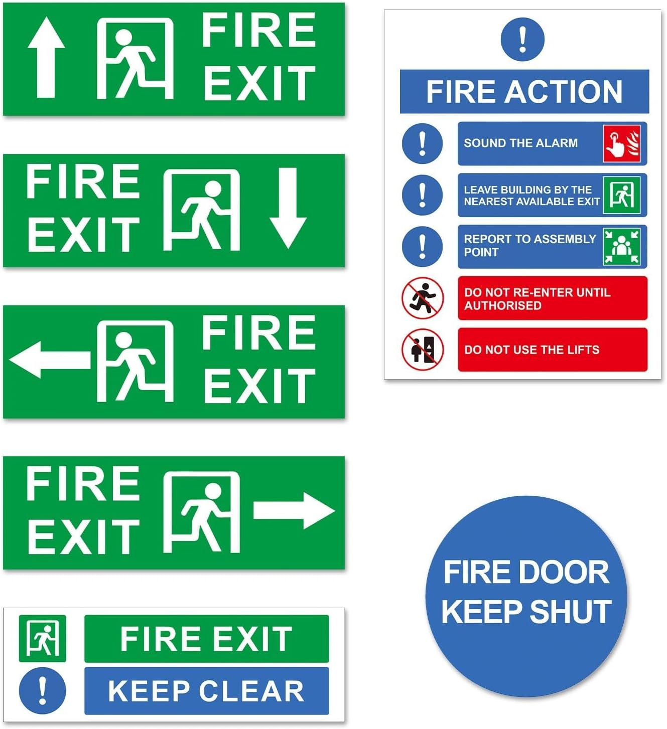 21 Piece Emergency Exit Sign Set - PVC Escape Route Signs Self-Adhesive, 300 x 100 mm Arrow Signs, Fire Door Keep Closed, Note on Fire Behavior & Emergency Exit Keep Free Rescue Sign
