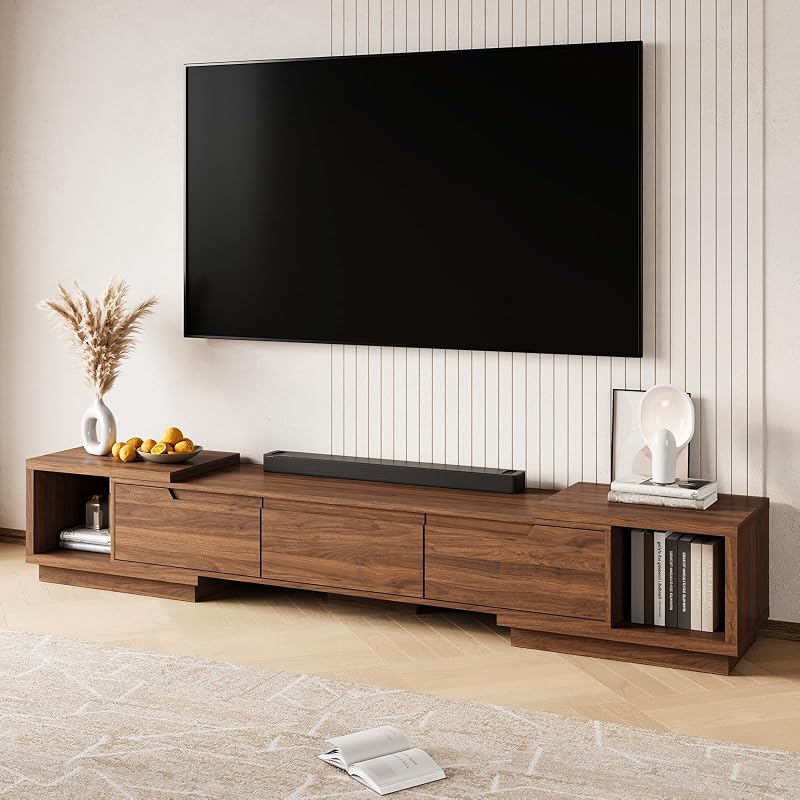 MEISSALIVVE Extendable TV Stand for Up to 120 Inch TV, Modern Entertainment Center with 3 Drawers & 2 Storage Compartments, Adjustable Length (65"-103"), TV Consoles for Living Room (Walnut)