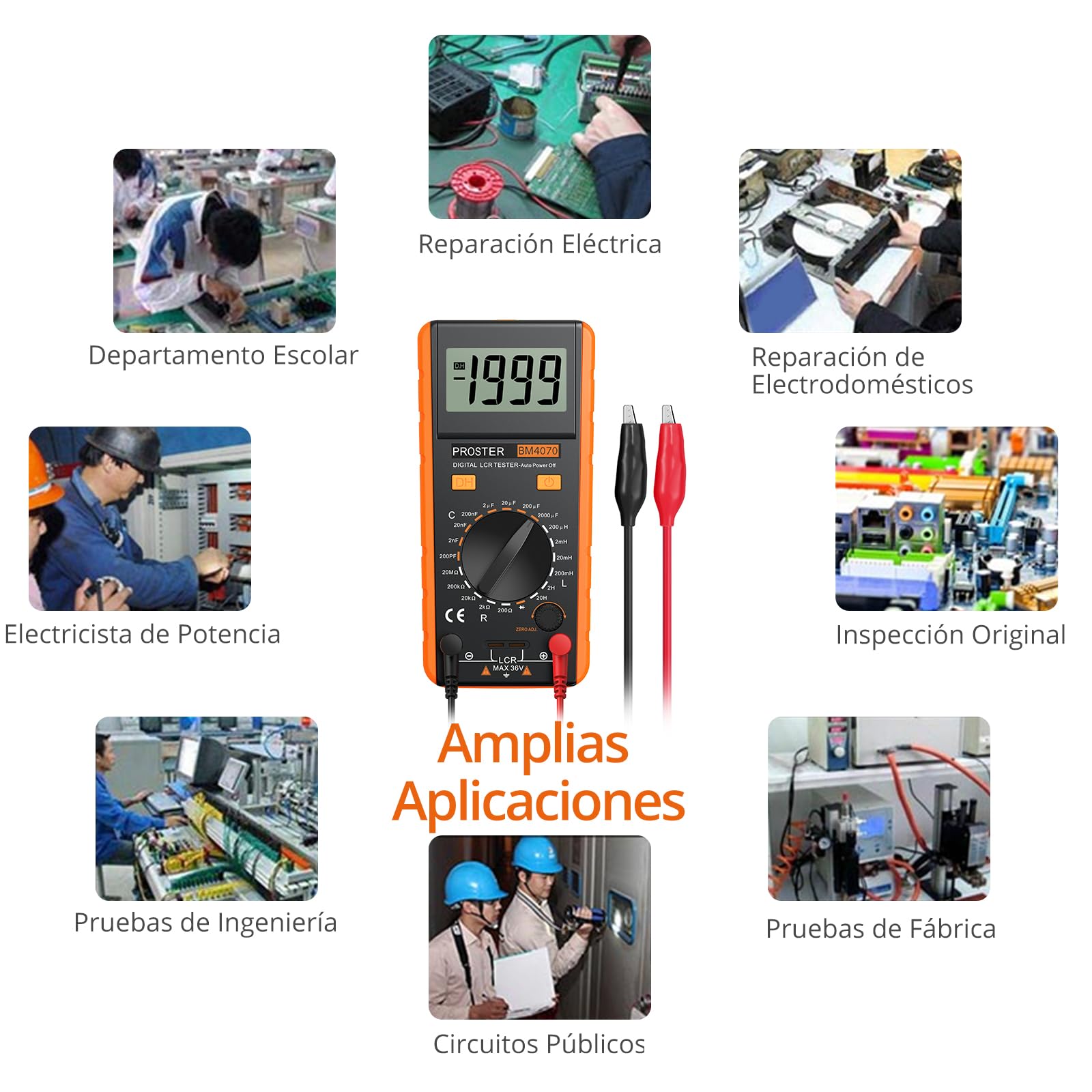 Proster LCR Medidor De Capacitancia Inductancia Resistencia Continuidad Diodos Tester Digital Multimetro Autodescarga con Gran Pantalla LCD Giratorio Cables Prueba Pinzas Cocodrillo y Destornillador