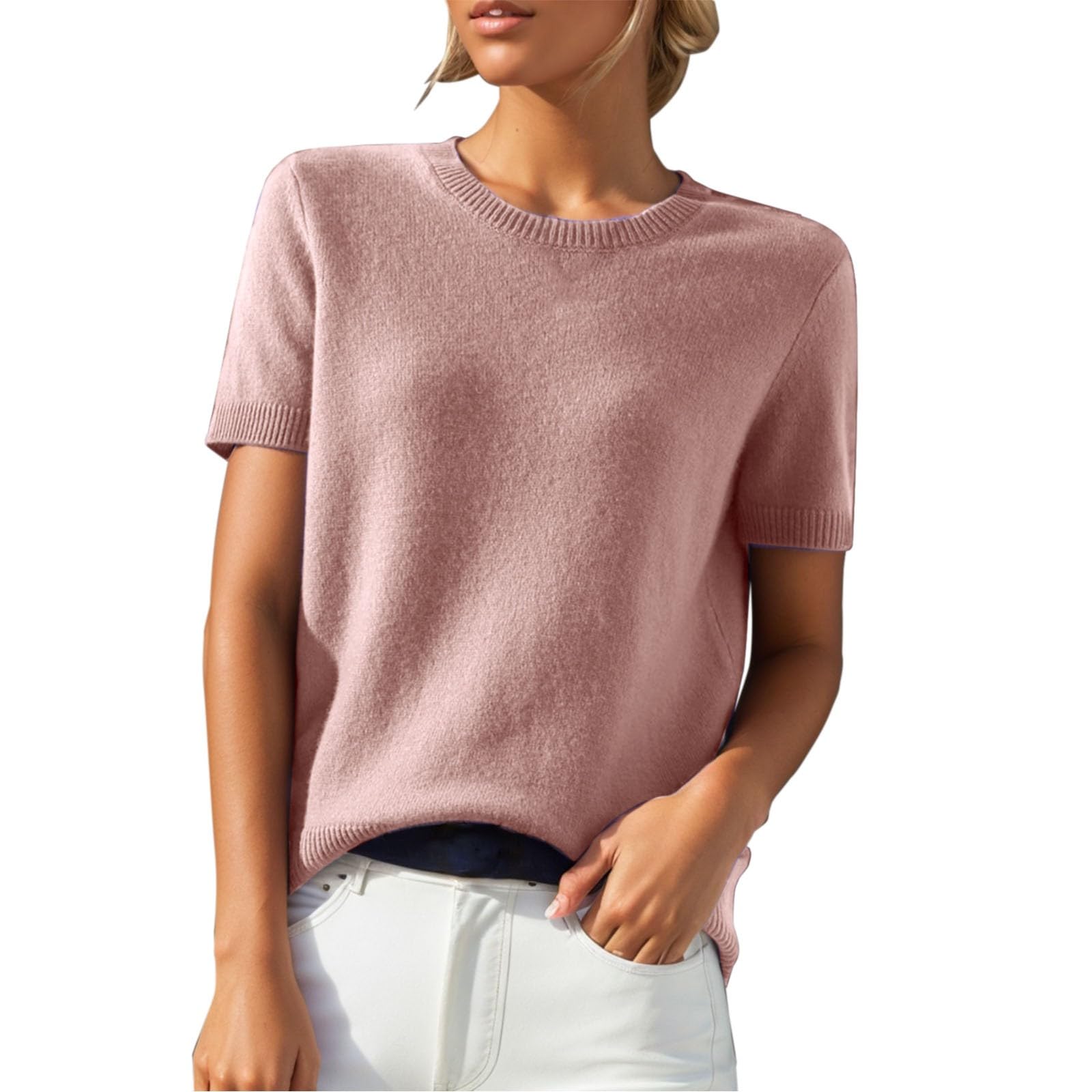 Cashmere Sweaters for Women Fashion Lightweight Crew Neck Short Sleeve Sweater Tops Casual Loose Cute Shirts Pullover