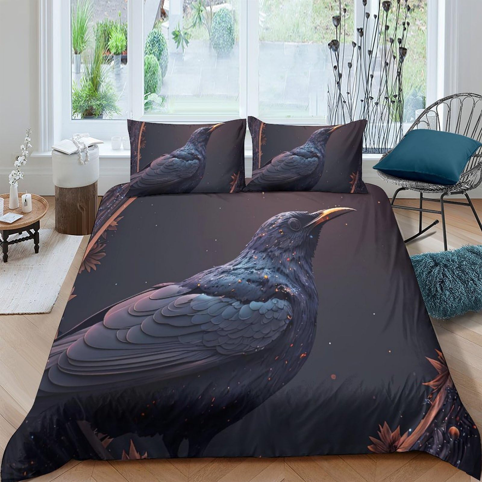 Ctjqhvkz Style-3 3D Printed Black Raven Fitted Sheet Microfiber Soft Decorative Bird Pattern Mattress Cover For Bedroom Guest Room Single（135X200cm）