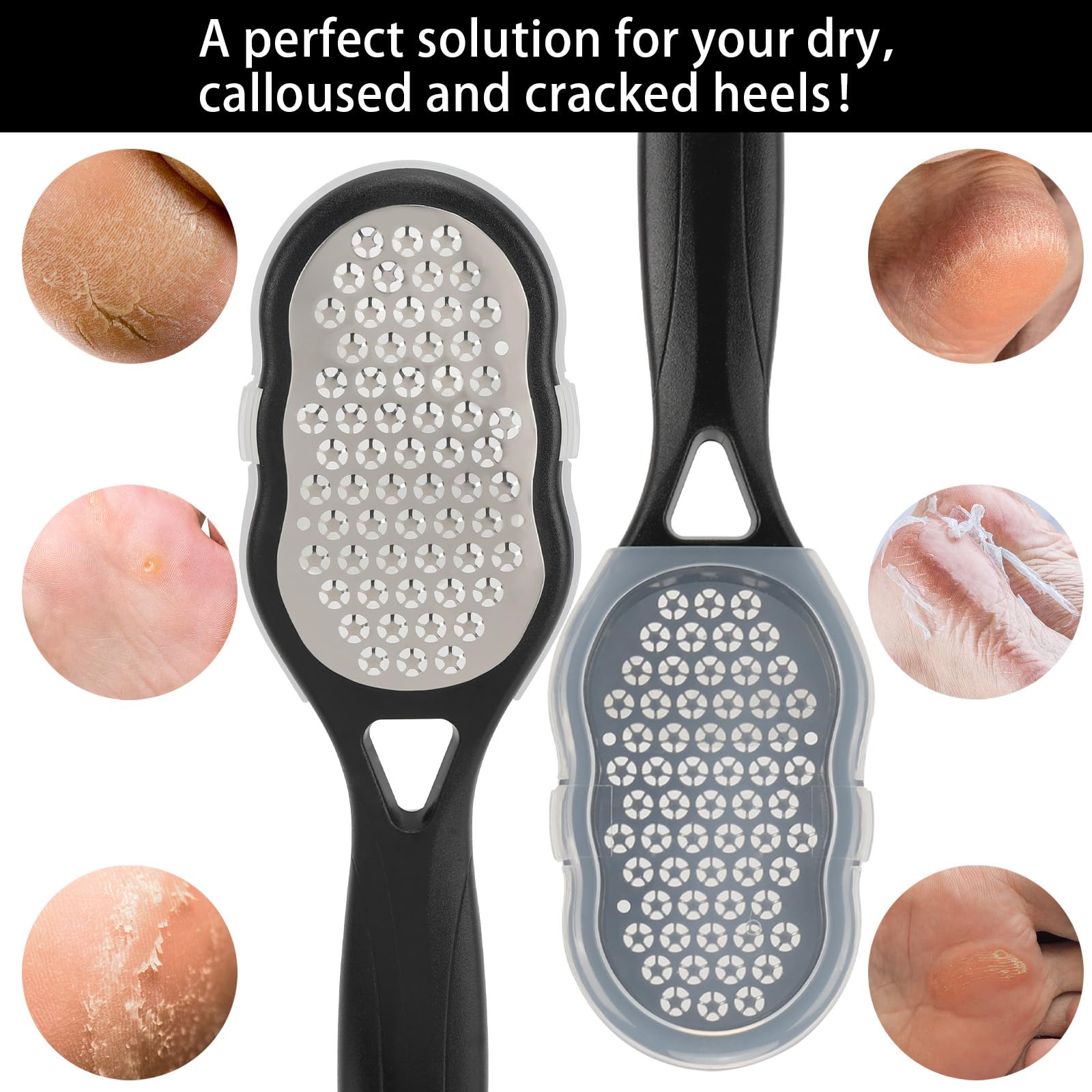 2 limas de pies con recolector de piel, raspador de pies de acero inoxidable, removedor de callos, pedicura, rallador de pies, limpiador de piel muerta para pies 5