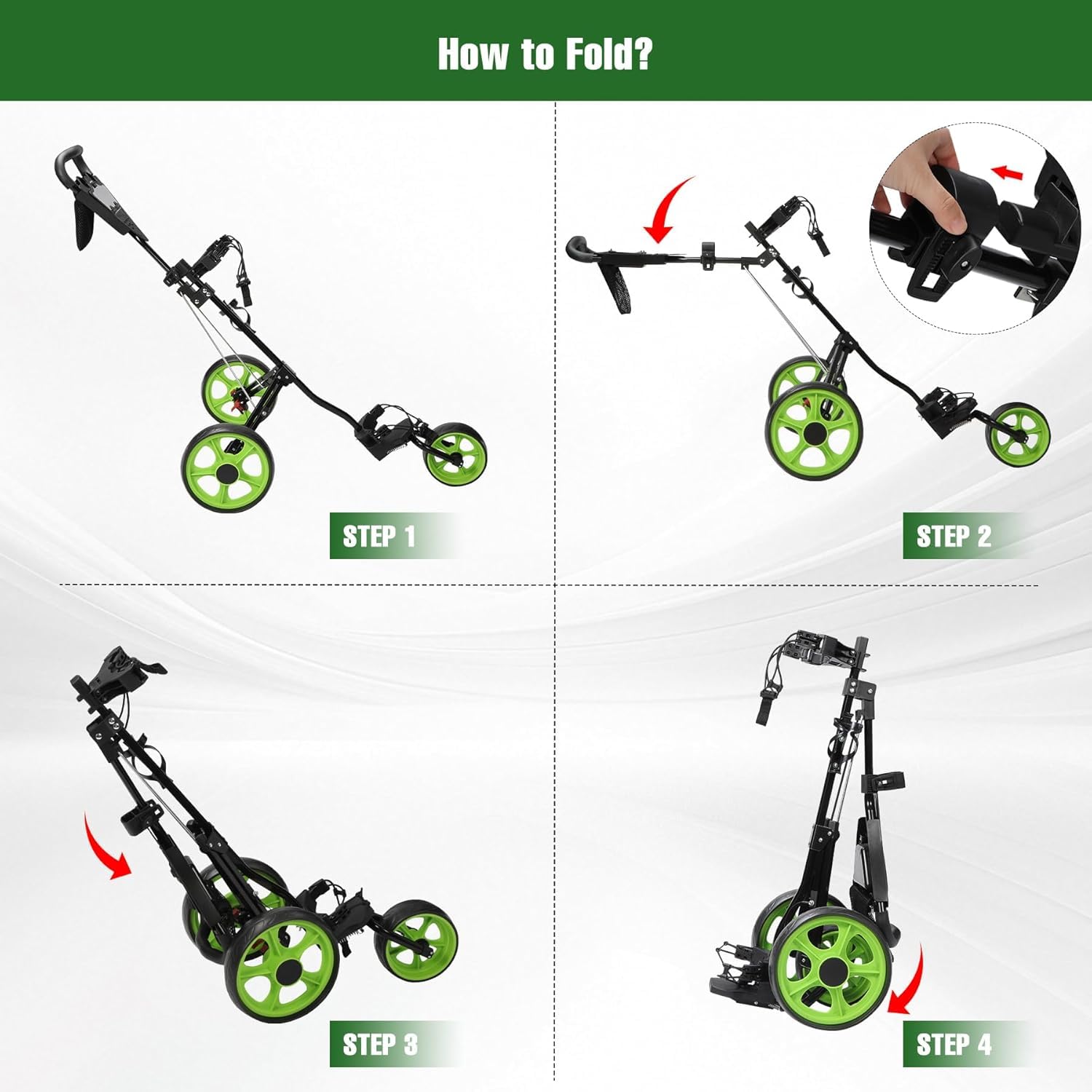Golftrolley Klappbar, Golfwagen, Golftrolley mit Fußbremse, Getränkehalter, Höhenverstellbarem Griff und Aufbewahrungstasche, Ideal für Golf und Outdoor Aktivitäten,Green