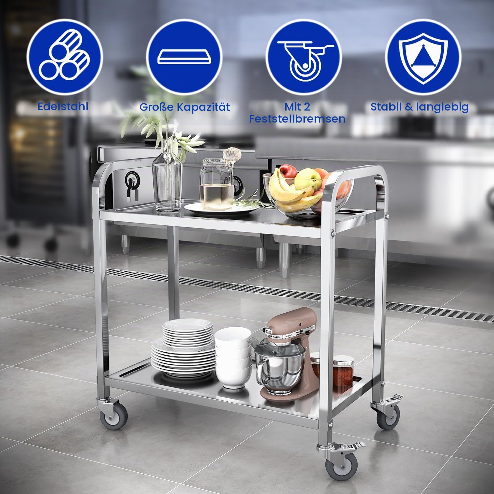 Servierwagen 2 Böden Küchenwagen Transportwagen Edelstahl mit 4 Rollen (2X bremsbar) für Restaurant Küchen oder Hotel (75 x 40 x 80 cm)