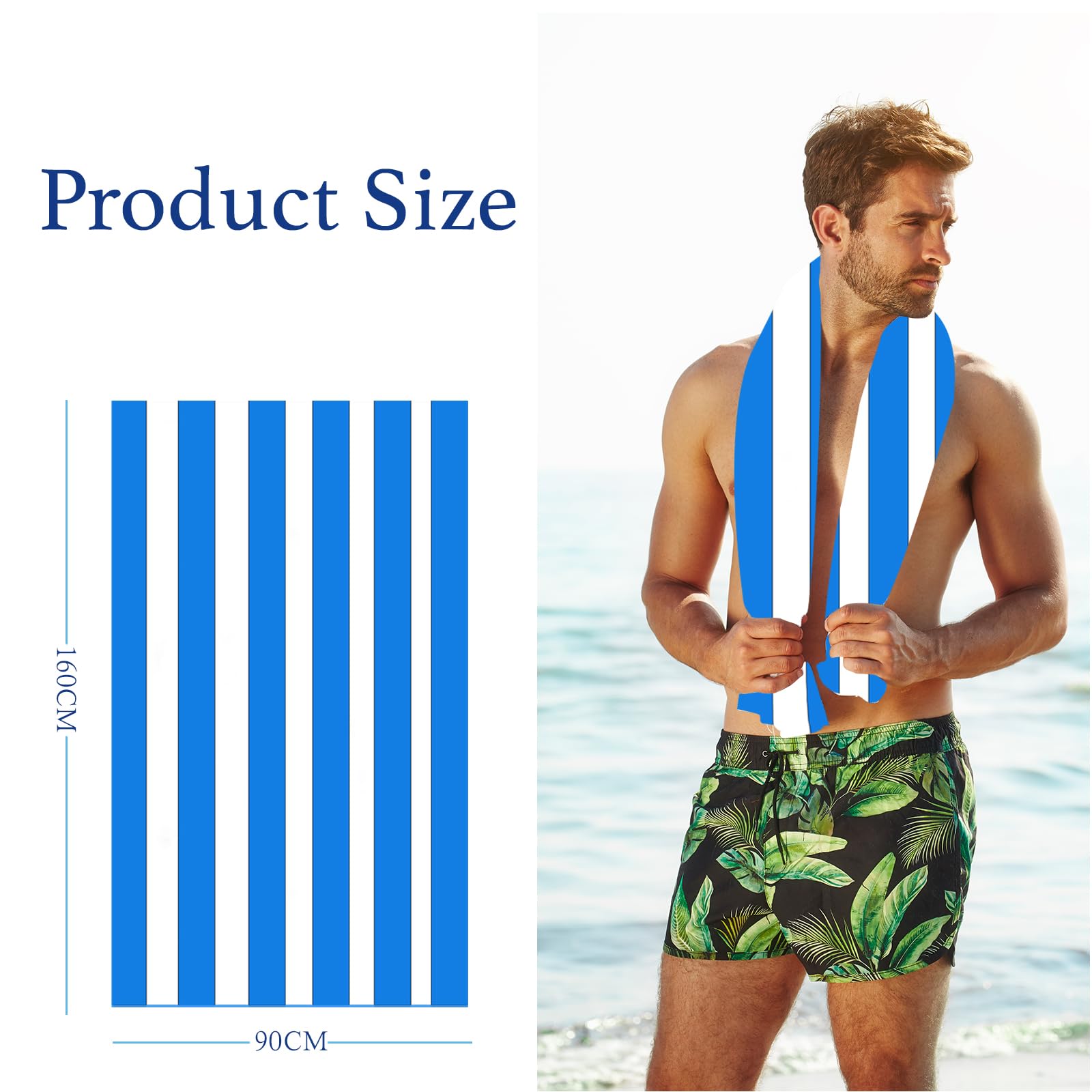 160x90cm Blue Stripe Beach Towels in a Bag Large Microfibre Thin Beach Towel for Adults,Quick Dry Sand Free Light Bath Towel Pool Towel for Men Women,Bathroom,Holiday,Yoga,Gym Sports,Swimming - Image 2