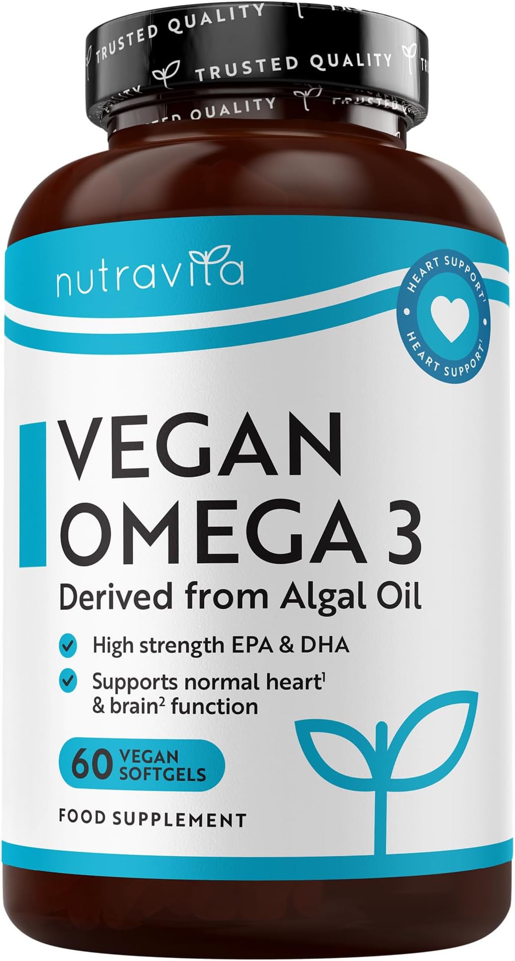 Vegan High Strength Omega 3 2000mg Soft Gels - 600mg DHA & 300mg EPA per Serving - Plant-Based Omega 3 Softgels Derived from Sustainable Algal Oil - 60 Vegan Softgels - Made in The UK