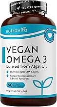 Omega 3 Vegan High Efficiency 2000mg - 600mg DHA and 300mg EPA for 2 Servings - Omega 3 Derived from Algae Oil - for Heart Health - 60 Vegan Soft Capsules - Made From Nutravita