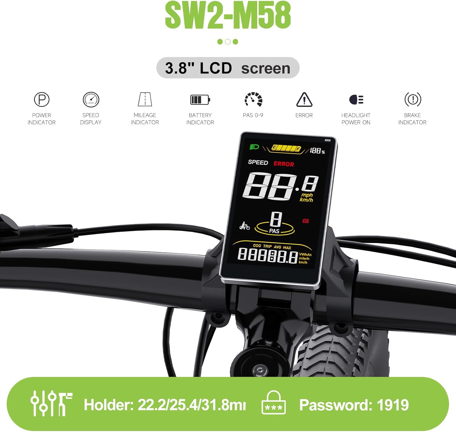 BAFANG SW2-M58 LCD display showing various ebike metrics