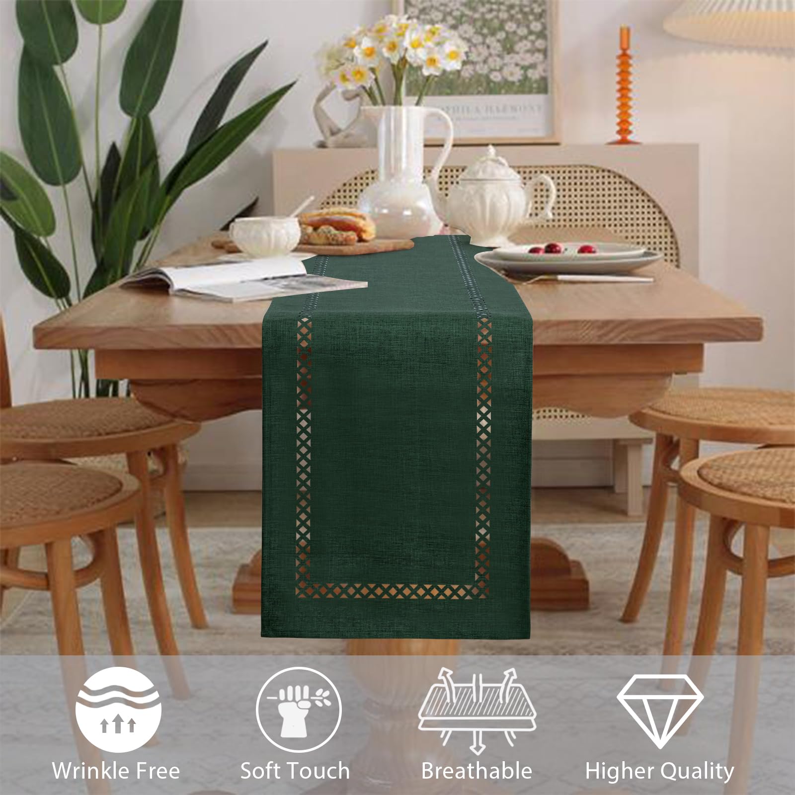BAZIOE Modern Table Runner Green Linen Table Runner Washable Openwork Design Ideal for Holiday Party Decoration Dining Table - Image 4