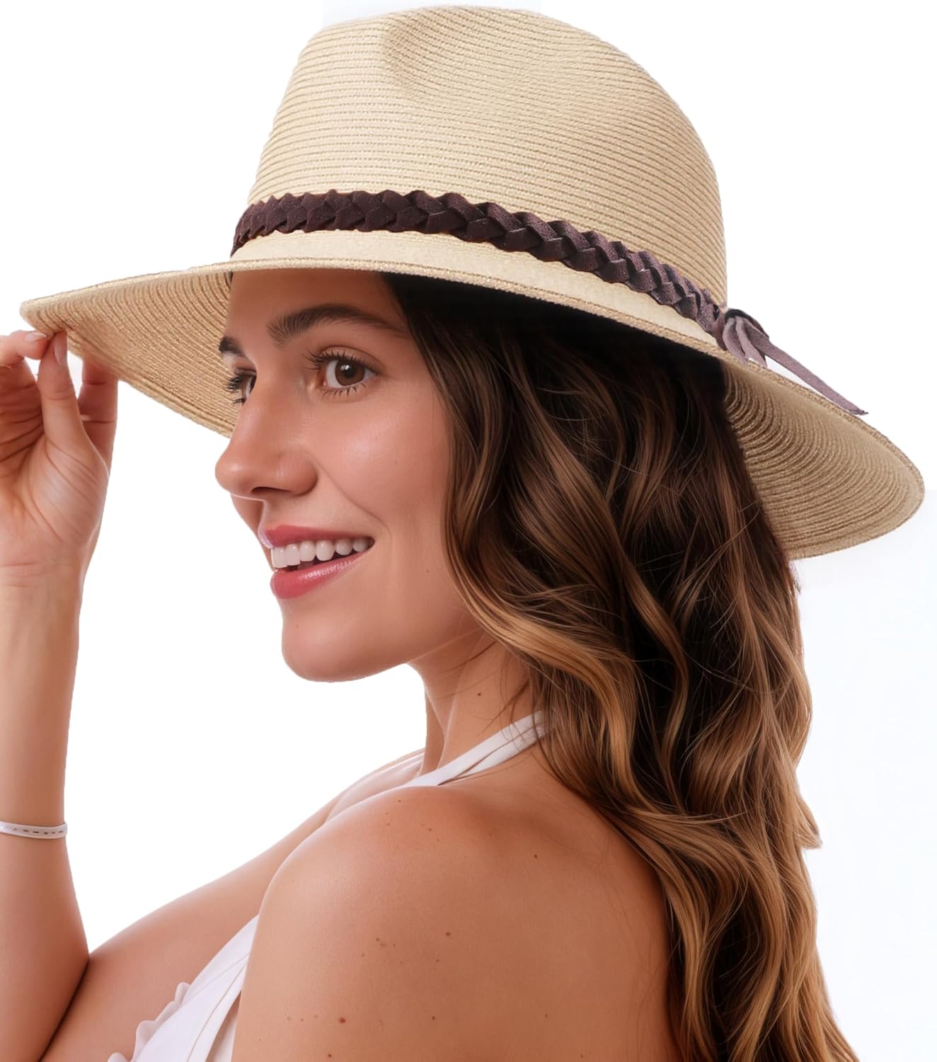 Womens Straw Panama Hat Wide Brim Fedora Summer Beach Sun Hat for Women UPF50+