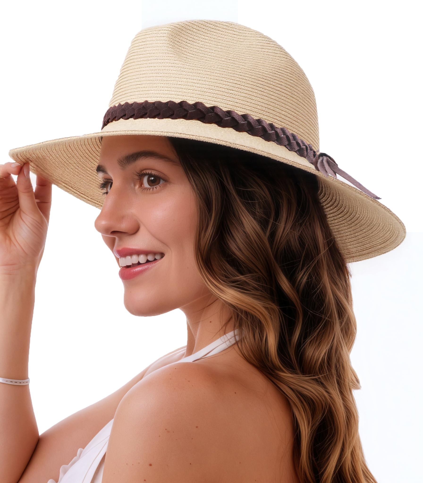 Chapeau De Paille Pliable UPF 50+ Femme – Fedora Panama Court Bord Dentelle, Beige Élégant & Compact