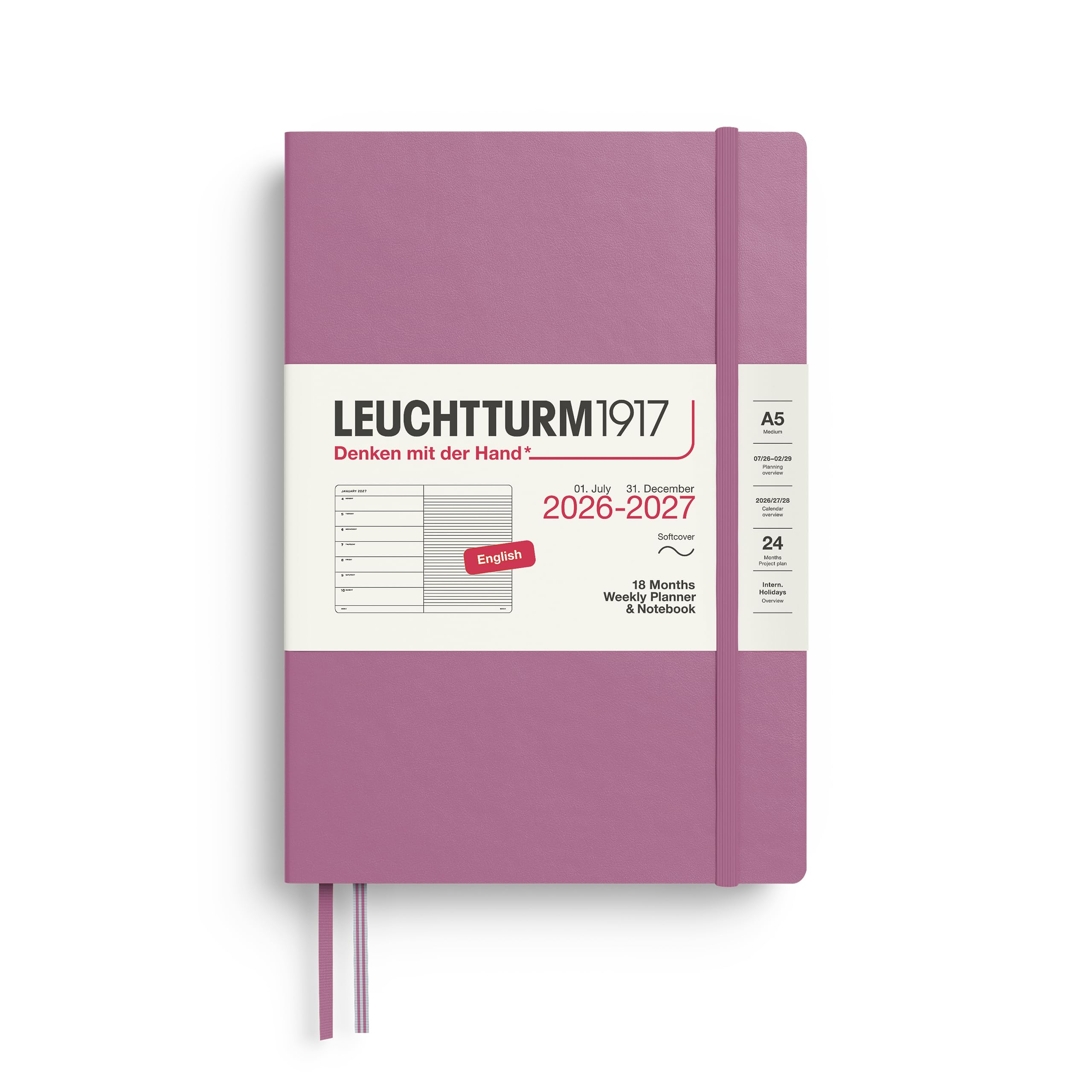 LEUCHTTURM1917 Kalendarz tygodniowy na rok 2027, format A5, z notatnikiem, w linie, terminarz w języku angielskim, 18 miesięcy, lipiec 2026 r., grudzień 2027, Dusty Rose, miękka okładka 210 x 145 mm