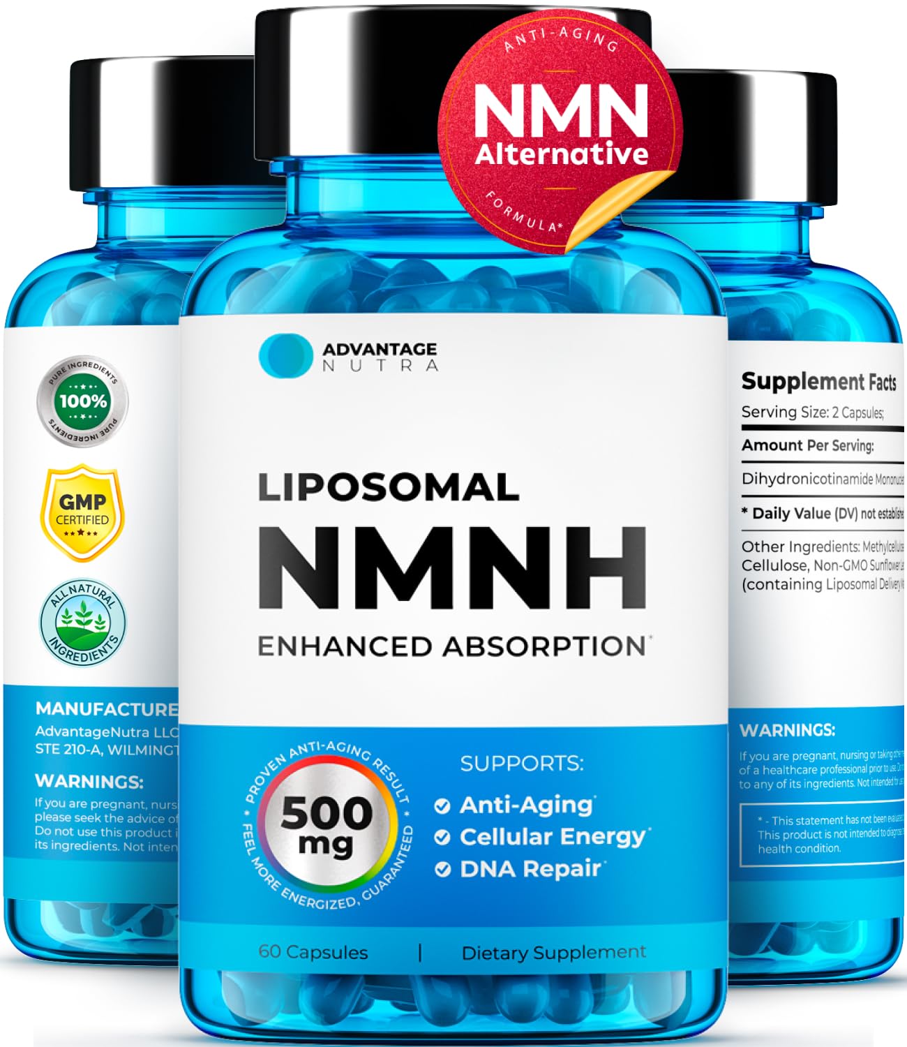 Liposomal NMNH (Dihydronicotinamide Mononucleotide) 500mg - NR Supplement Alternative - Anti Aging NAD Supplement to Boost NAD Plus Levels, Energy, Focus - High Purity 60 capsules (1 pack)
