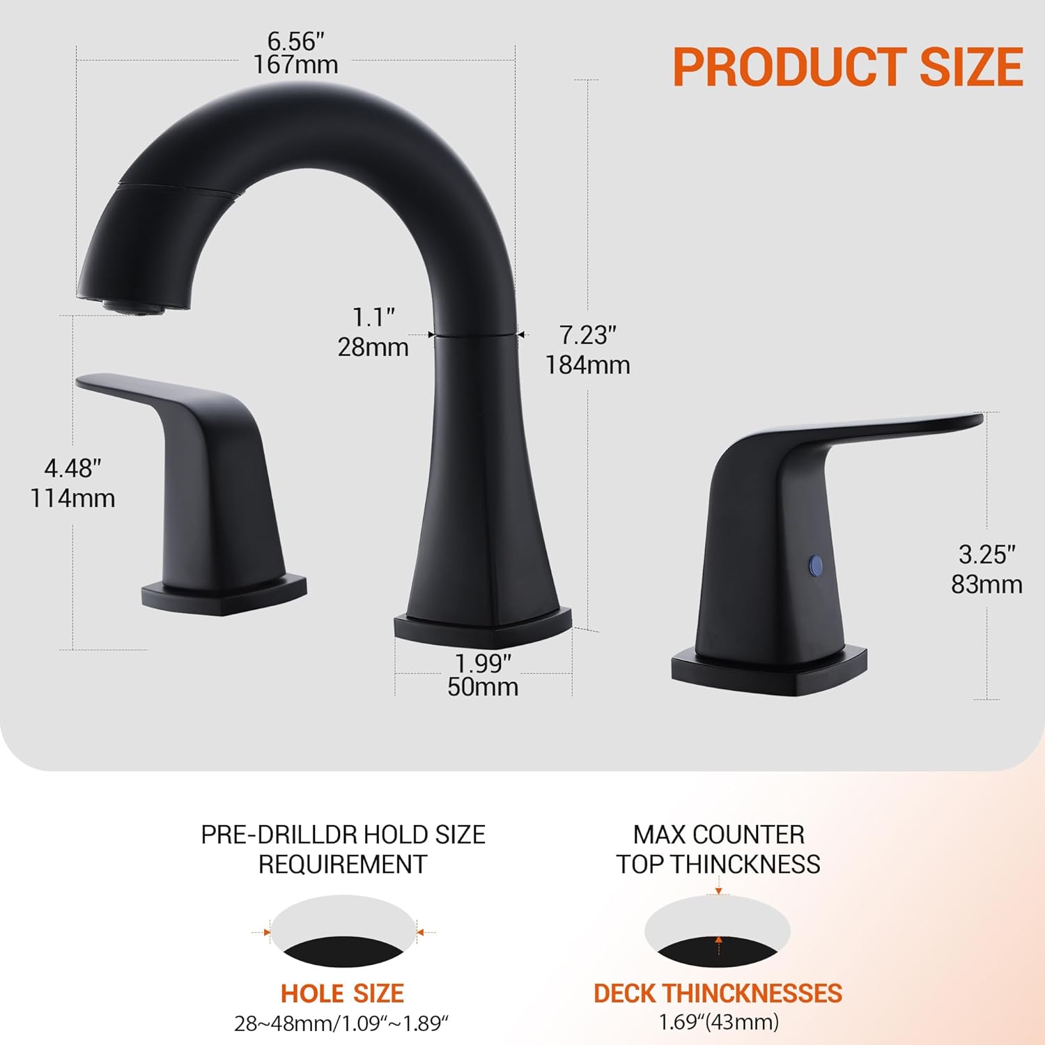Pull Down Bathroom Faucet Black- Matte Black Sink Faucet with Sprayer, Bathroom Pull Out Faucets, 2-Handles Widespread Vanity Faucets 3 Hole 8 Inch 360 Swivel Spout with Pop-up Drain & Lines - Image 9