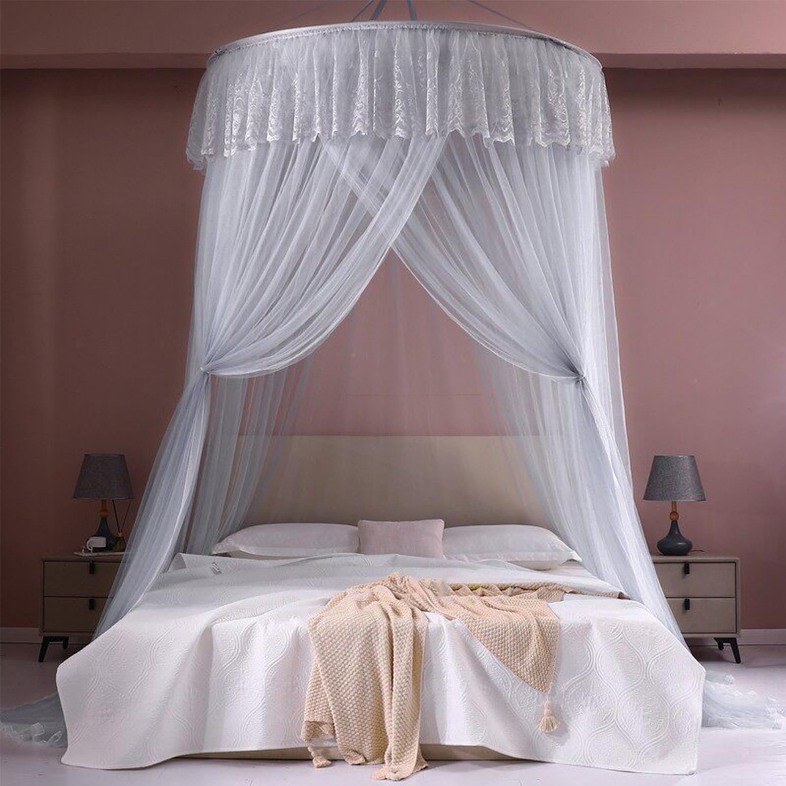 SARKEY Round Dome Canopy Bed Curtain,Floor-standing Mosquito Net,Large Space,Romantic,Unique Play Tent Mesh Canopies Lace Drapes Home,For Adults Bedroom(Gray)