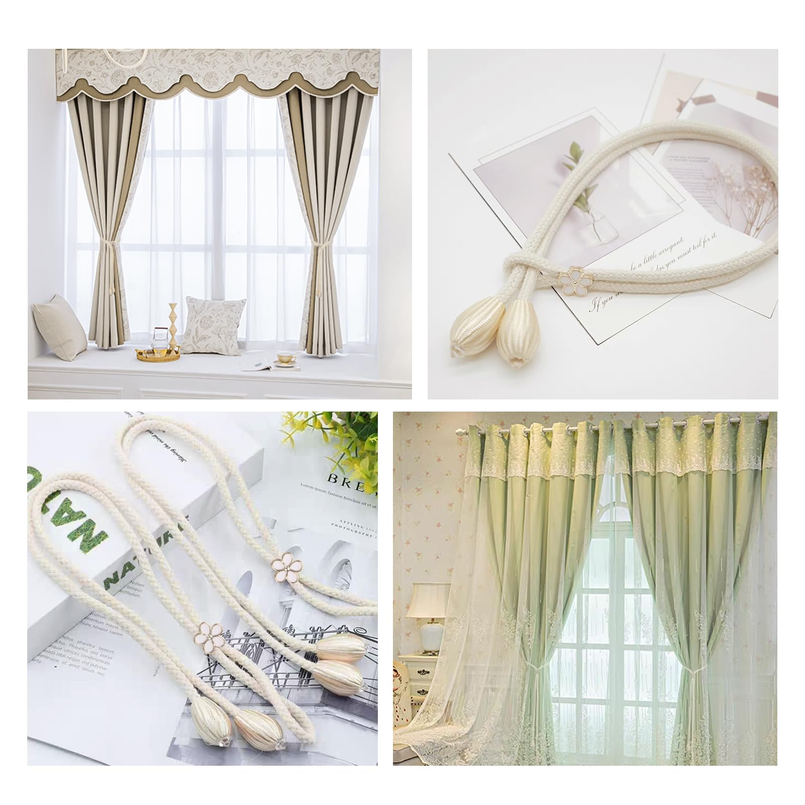 Fermatende In Cotone Intrecciato - 4 Pezzi Beige, Per Tende Interni/Esterni