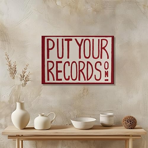 Miniatura 4 de Put Your Records On Wall Art Red Retro Music Theme Canvas Print Hand Painted Style Poster and Posters for Music Room Decor-12x18inch Unframed