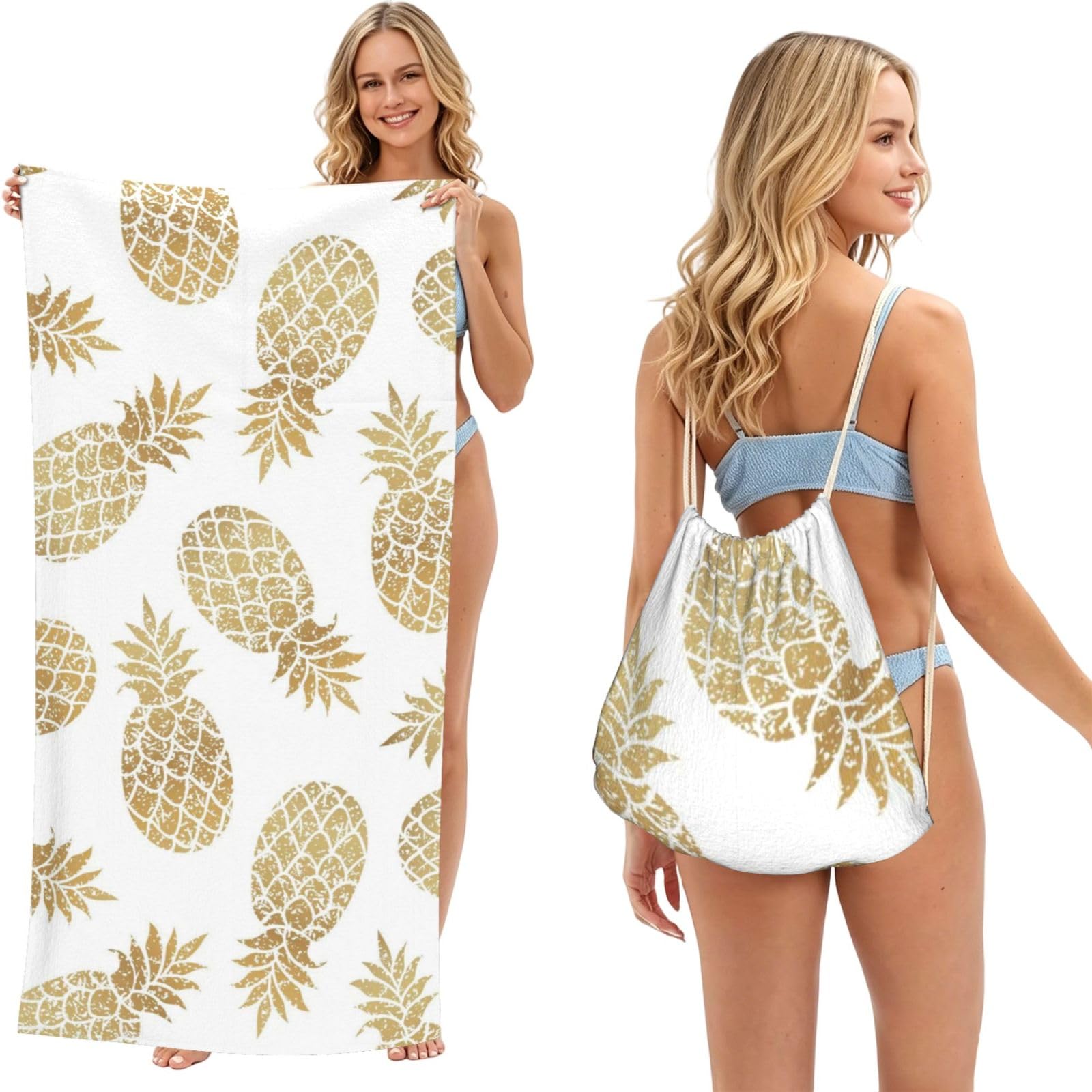 WSHFFILO golden pineapple background printed 2 in 1 Packable Towel Bag Bath Towel Beach Towel