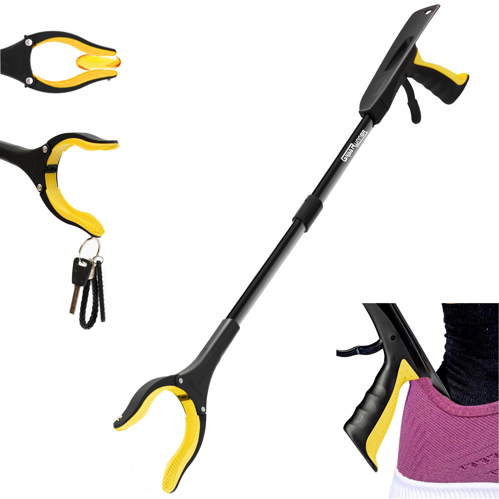 Reacher Grabber Tool for Elderly,32 Inch Foldable Trash Picker Grabber with Shoehorn and Strong Magnetic, 90° Rotating Head Grabber Tool, Outdoor and Indoor Trash Picker Grabber(Yellow)