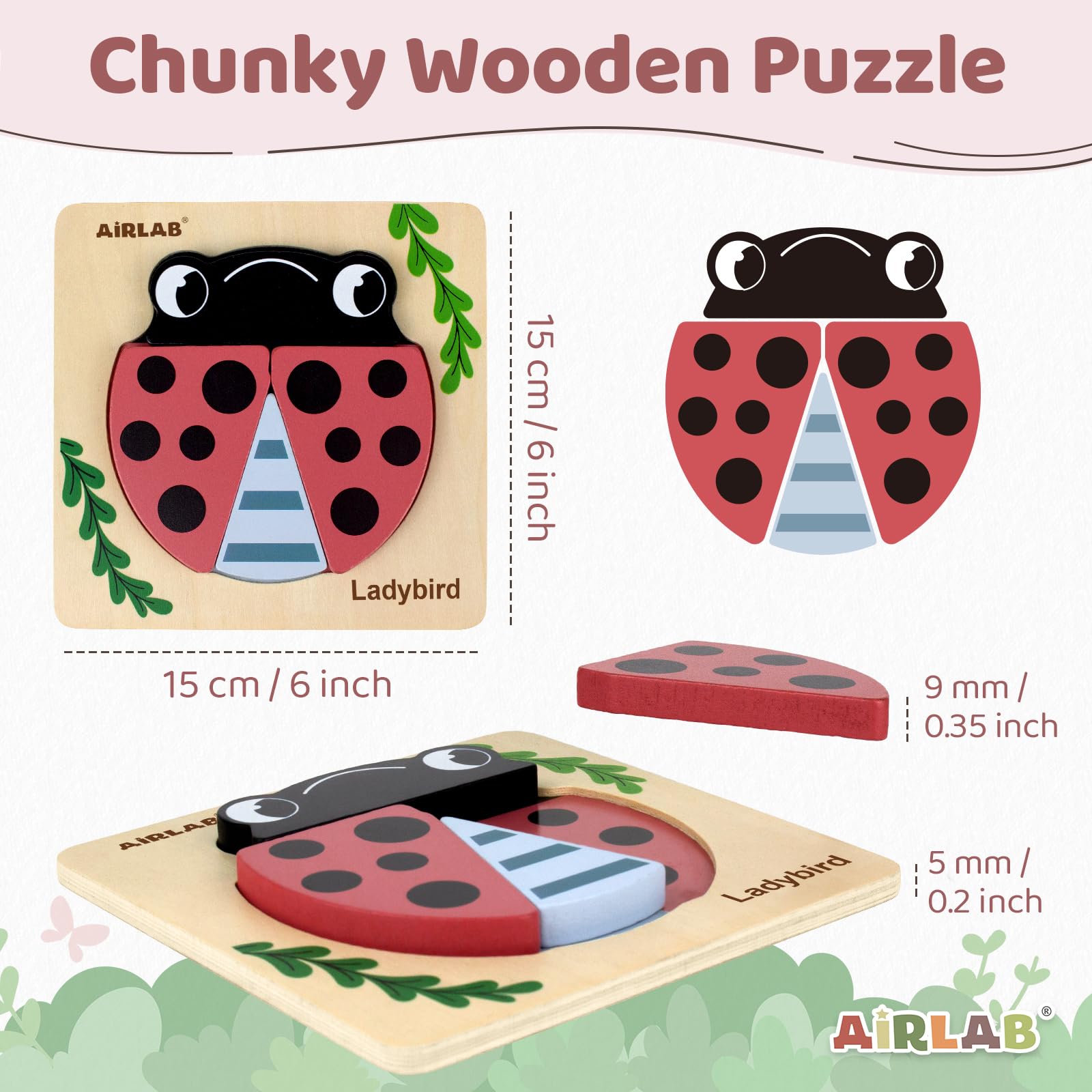 Airlab Puzzles Bois Bébé 1-4 Ans, Casse-têtes Jardin 3D avec Cadre et Sac, Jouet Éducatif Montessori