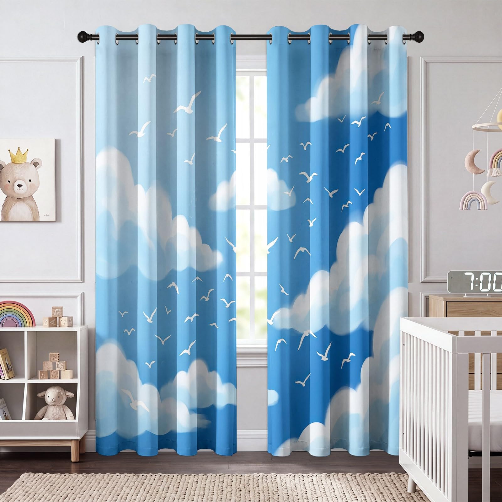 Générique Rideau Occultant Moderne Nordique, Ciel Nuages Oiseaux Motif Rideaux Thermiques à Oeillets, Rideaux Imprimé pour Salon Chambre Fenetre Moderne Décoration, 140 X 245 cm (LxH), Lot de 2