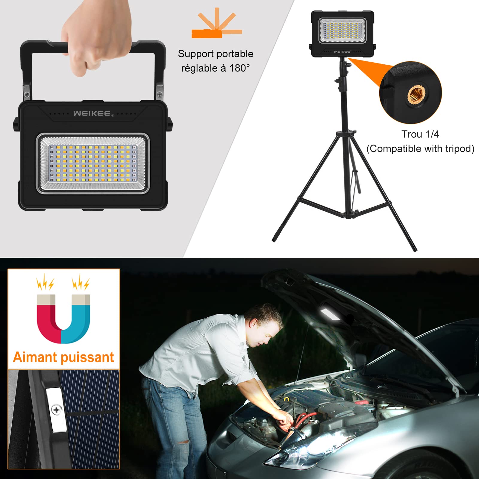 MEIKEE Projecteur LED Rechargeable, Lampe de Chantier Portable de Batterie Rechargeable 12000mAh, 4 Modes, 5 Luminosités, 2 Aimants, Lampe de Travail pour Pêche Camping Garage Atelier