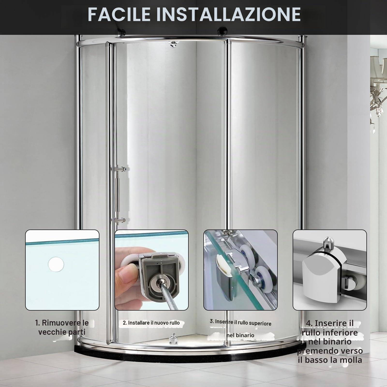 4 ruota per porta doccia, 23 mm, porte scorrevoli in vetro, bagno (2 superiori + 2 inferiori)