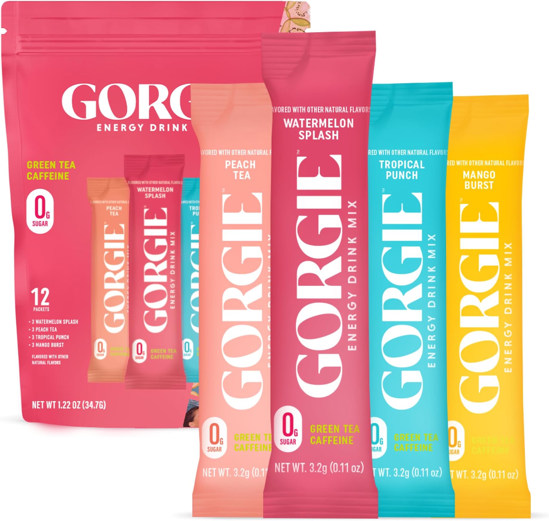 GORGIE Bestsellers Variety, Sugar-Free Natural Energy Drink Mix, On the Go Powder, Healthy Energy Drinks - Green Tea Caffeine, Biotin, B Vitamins -150mg Caffeine, L-Theanine, Vegan, & Low Calorie (Pack of 12)