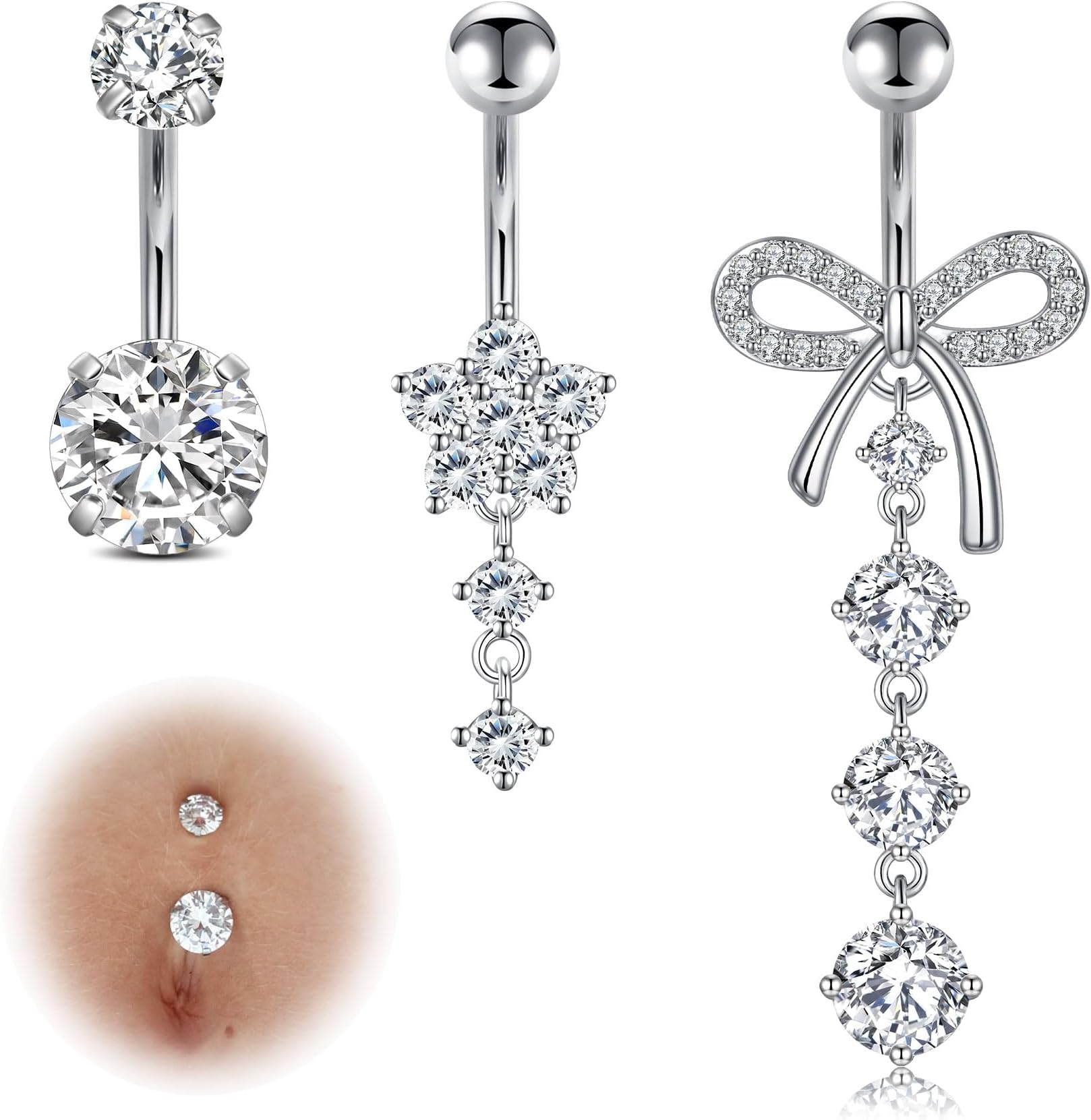 14G Dangle Belly Button Rings - Surgical Steel Silver and Rose Gold CZ Piercing Jewelry for Women