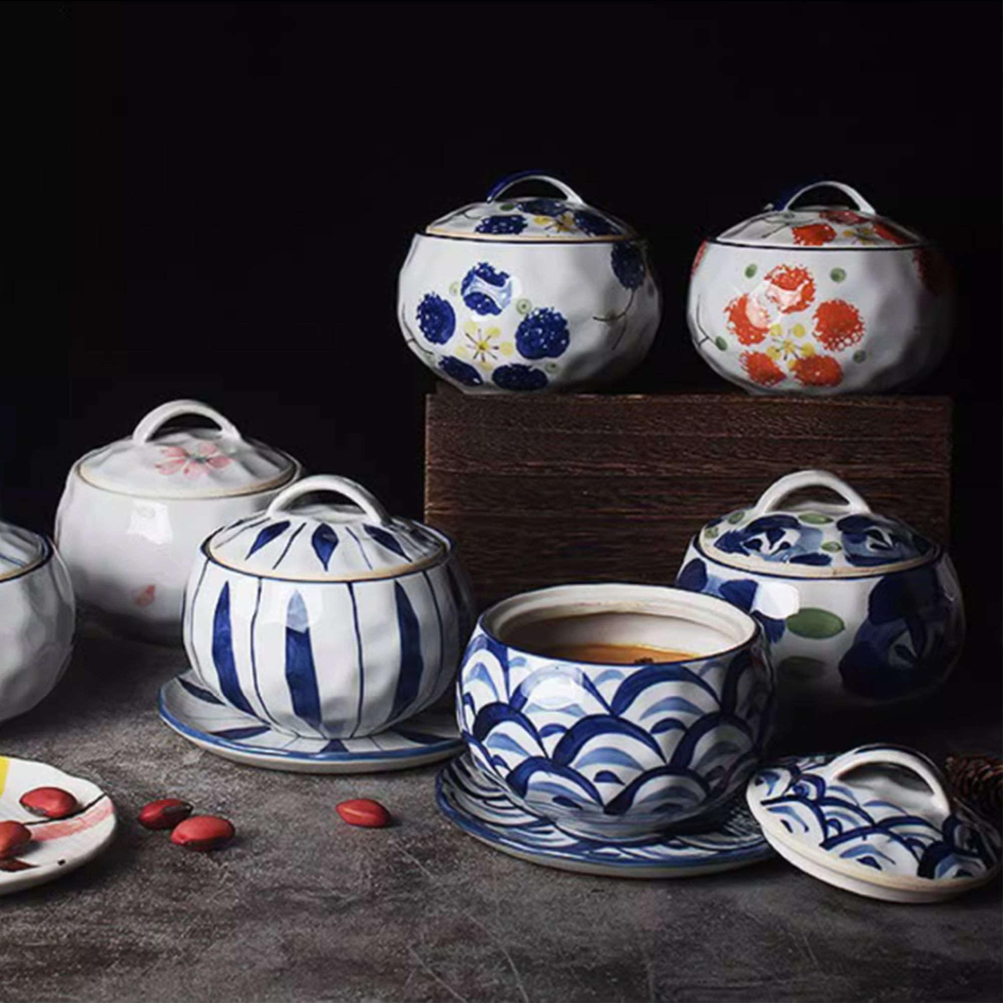Récipient à Sucre for café, Petit déjeuner, thé de l'après-midi, sucrier en céramique, avec Couvercle, Motif imprimé Solide cuillère, Pot épices Porcelaine(E)