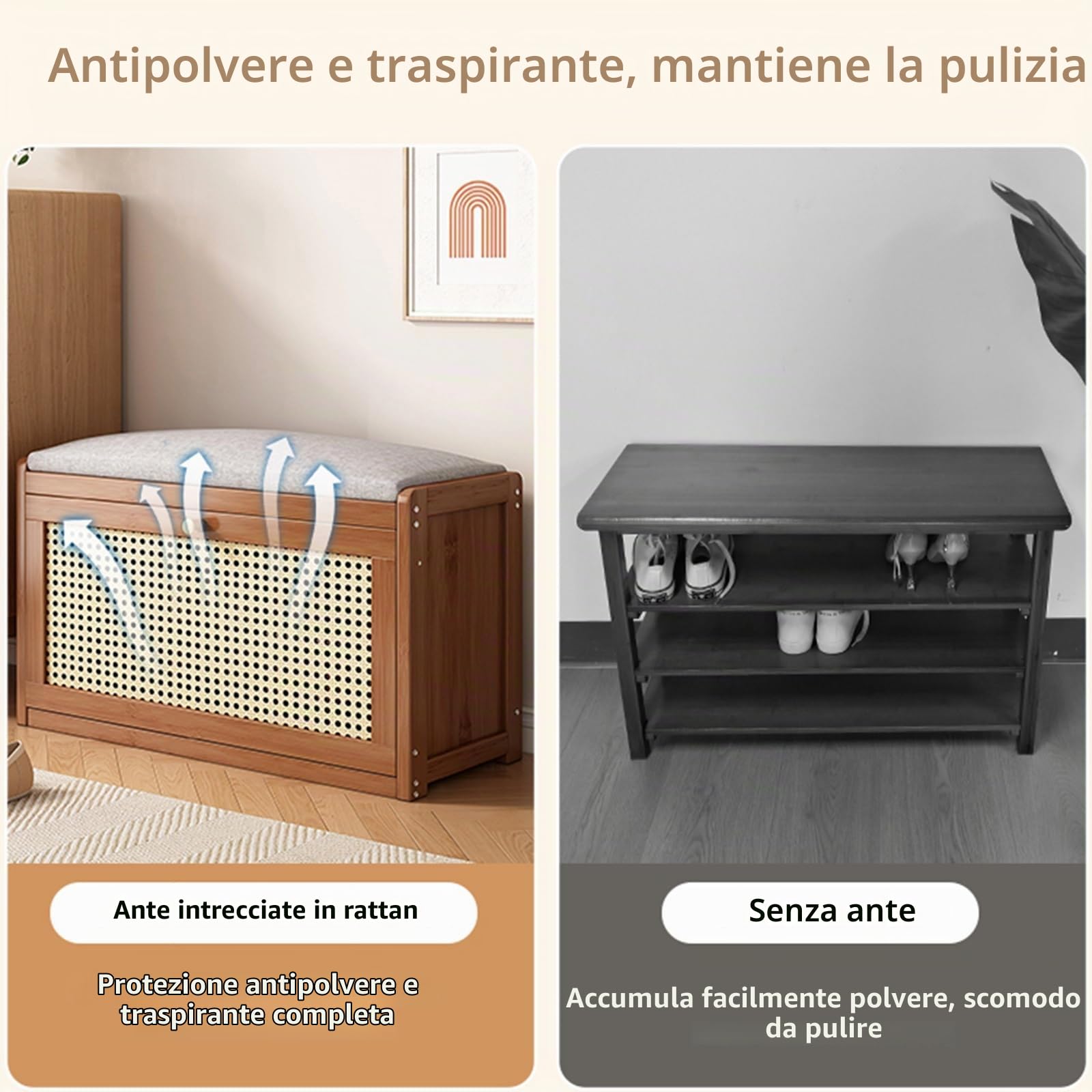 Elegante scarpiera in legno con portaoggetti in rattan, scarpiera e seduta versatile per corridoio e camera da letto, scarpiera marrone (50 x 24 x 44 cm)