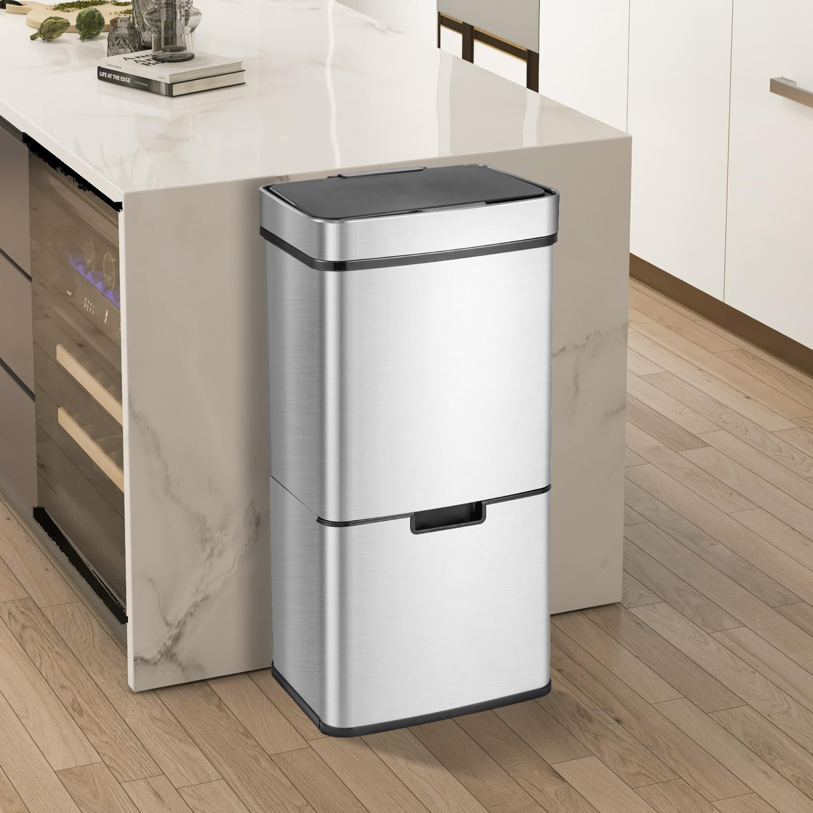GIANTEX Cubo de Basura de Acero Inoxidable de 72 L, Bote de Basura con Sensor de Movimiento con Tapa de Cierre Suave, Cubos Interior Extraíbles, Clasificación de Basuras, para Cocina