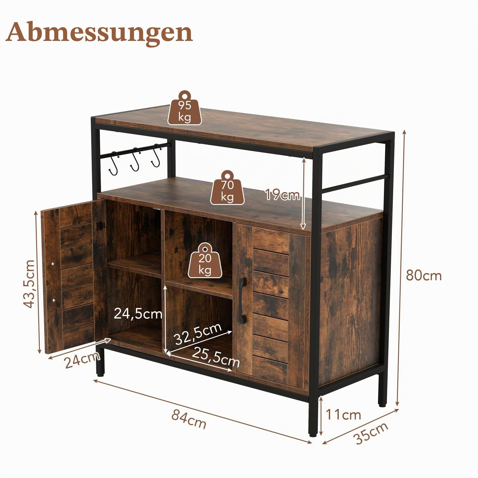 KOMFOTTEU Küchenbuffet Industriestil, Küchenschrank aus Holz & Metall, Aufbewahrungsschrank mit 2 Türen, offene Fäche & verstellbare Regale, Sideboard für Küche Flur Esszimmer