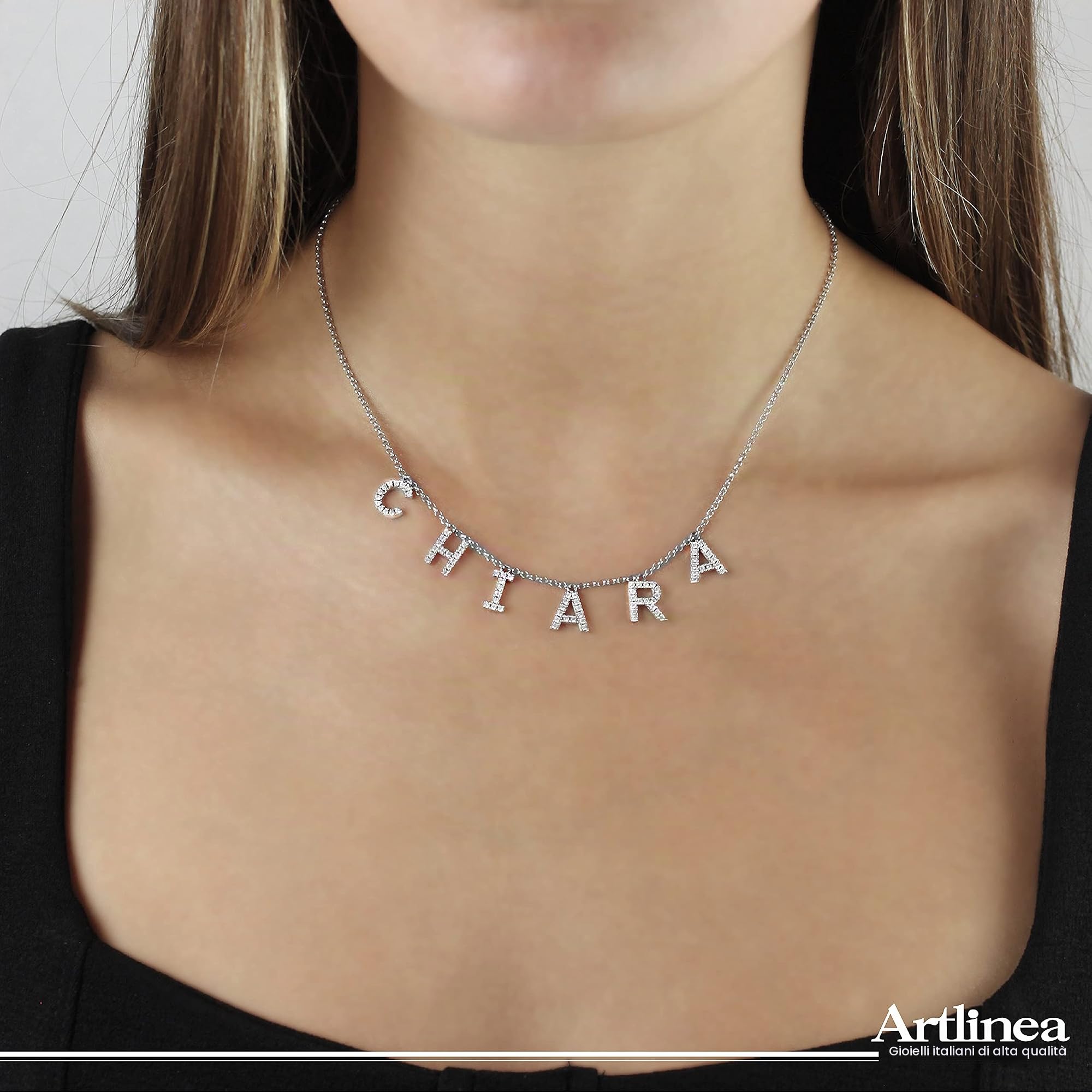 Artlinea, Collana in Argento 925 Sterling, Rodiato, Personalizzabile con Nome, Lettere o Simboli di Zirconi, Misura da 38 a 40,5 cm, Chiusura a Moschettone, Made in Italy