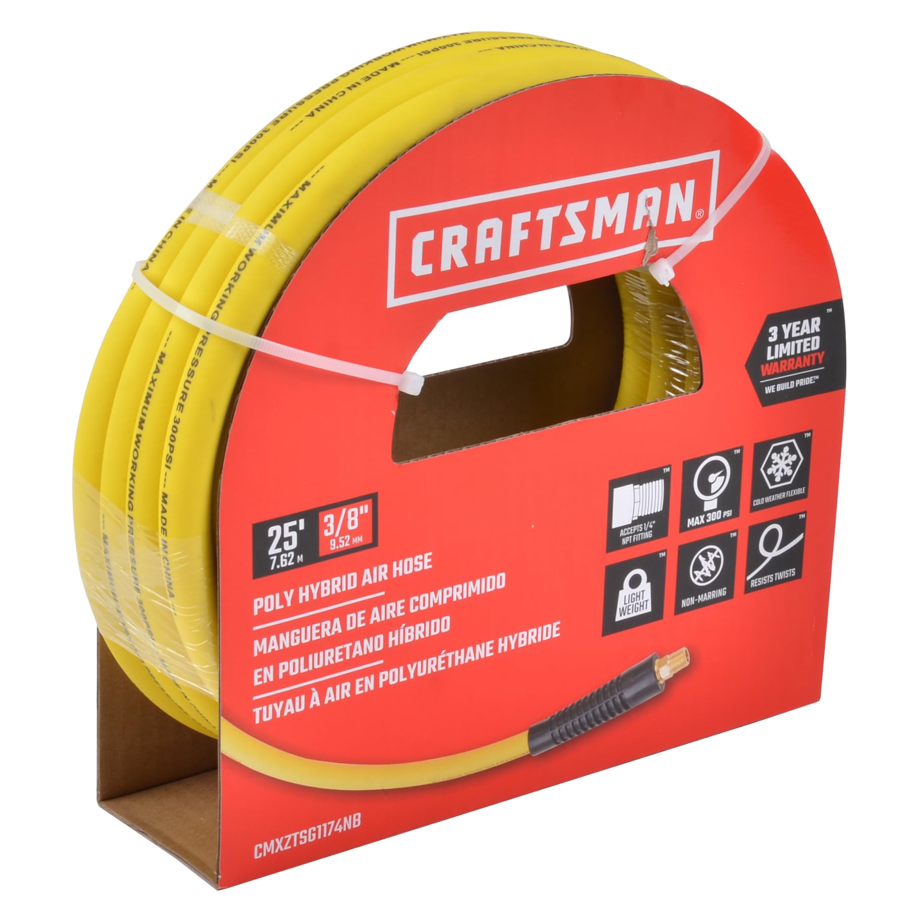 CRAFTSMAN - Manguera de aire híbrida de polietileno de 0,9 cm x 7,6 m, 300 psi, ligera, resistente a las arrugas con limitadores de curvatura