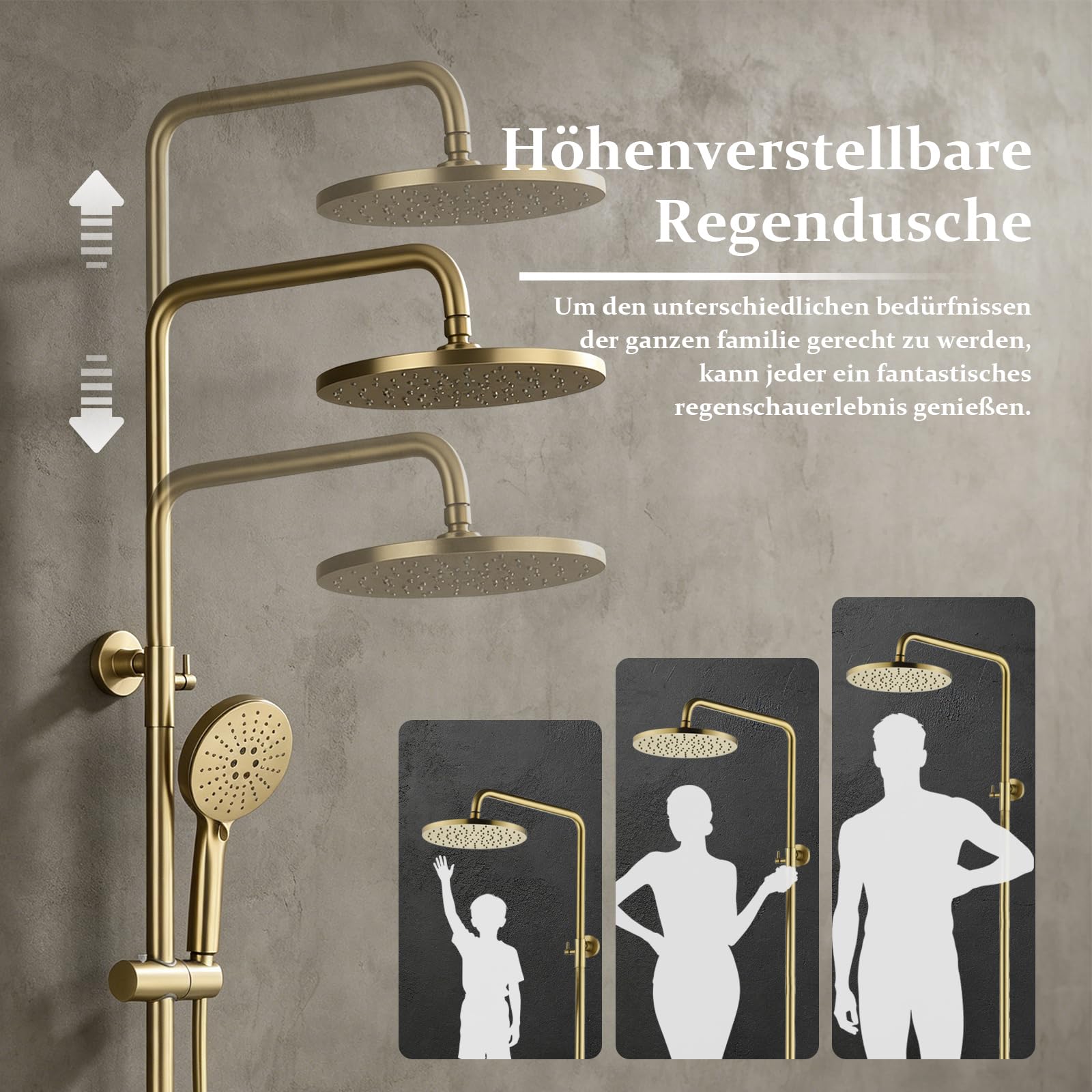 Regendusche mit Armatur Duschsystem Gold mit 3-Funktion Handbrause