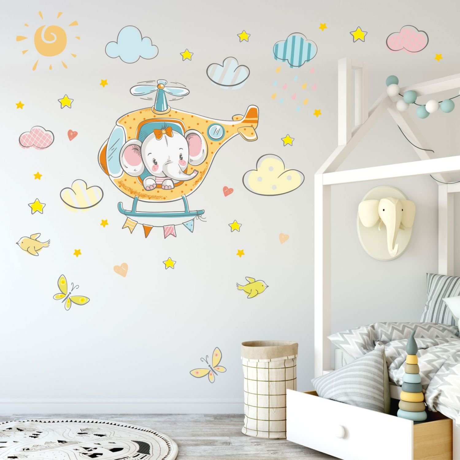 nikima 028 - Adesivo da parete per cameretta dei bambini, motivo: elefante su elicottero, disponibile in 6 misure