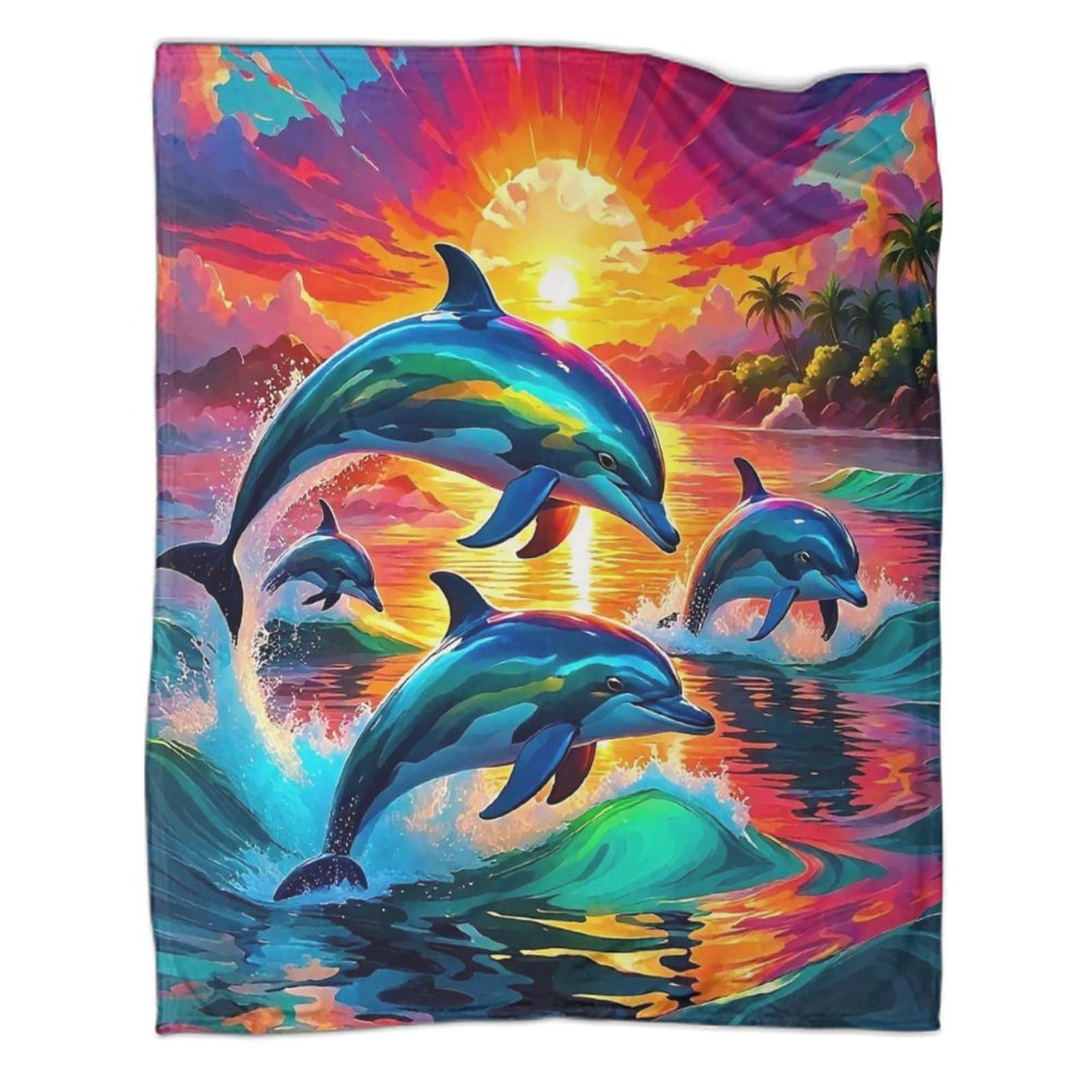 Couverture jetable flanelle dauphin 3d coucher de soleil 200x230cm pour adulte et enfant