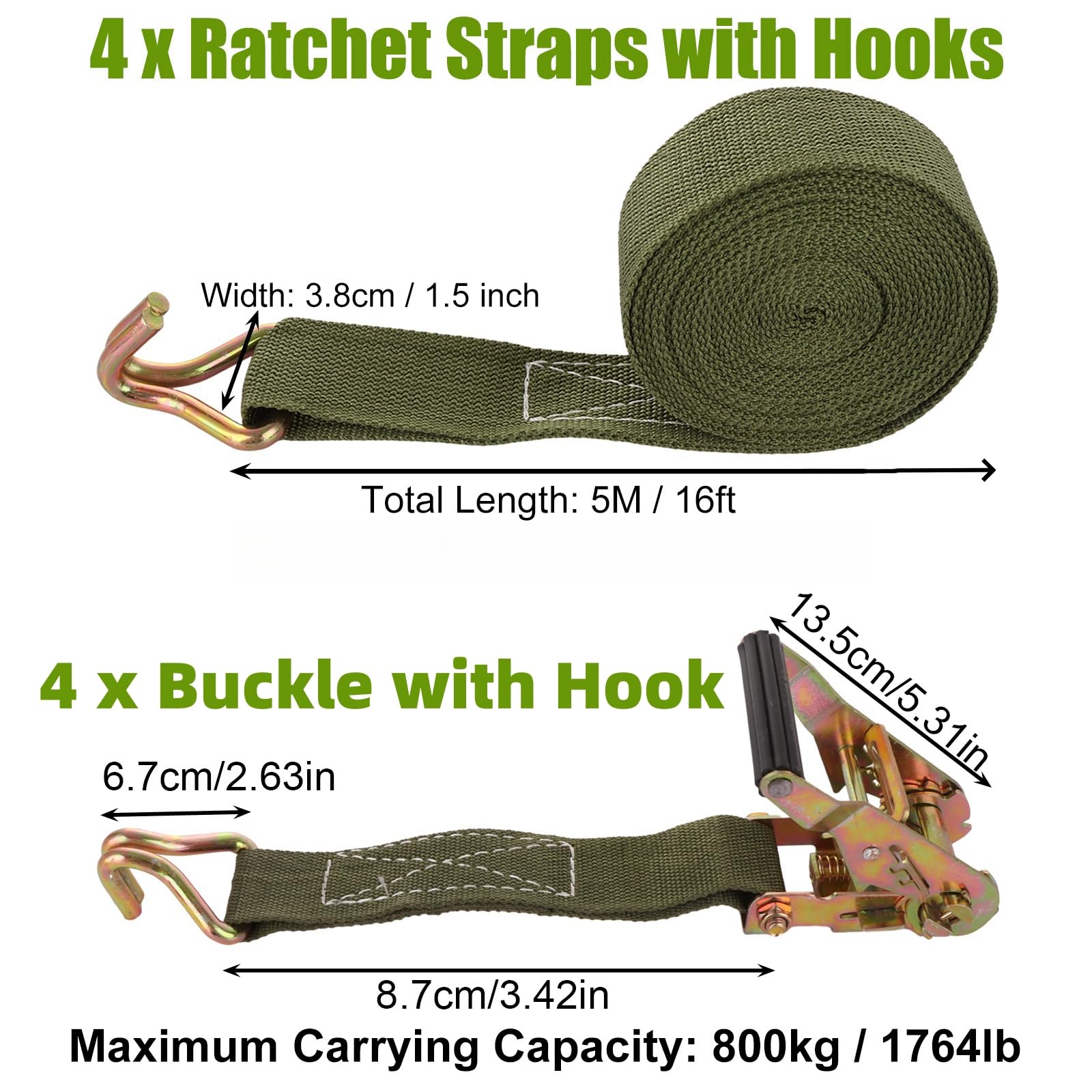 Paquete de 4 correas de amarre de trinquete de 38 mm x 5 m con gancho, correas de amarre resistentes de 800 kg con hebilla ajustable, correas de carga, correas de tensión para equipaje,