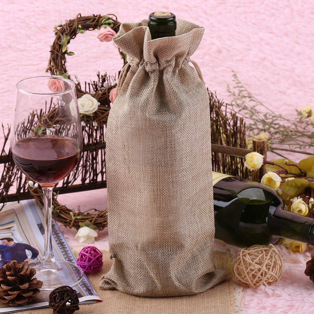 Elegante 12 stuks linnen stof wijntas met trekkoord, ideaal voor champagneflessen, veelzijdige decoratieve hoes voor wijnopslag en cadeau (donkere hennepkleur