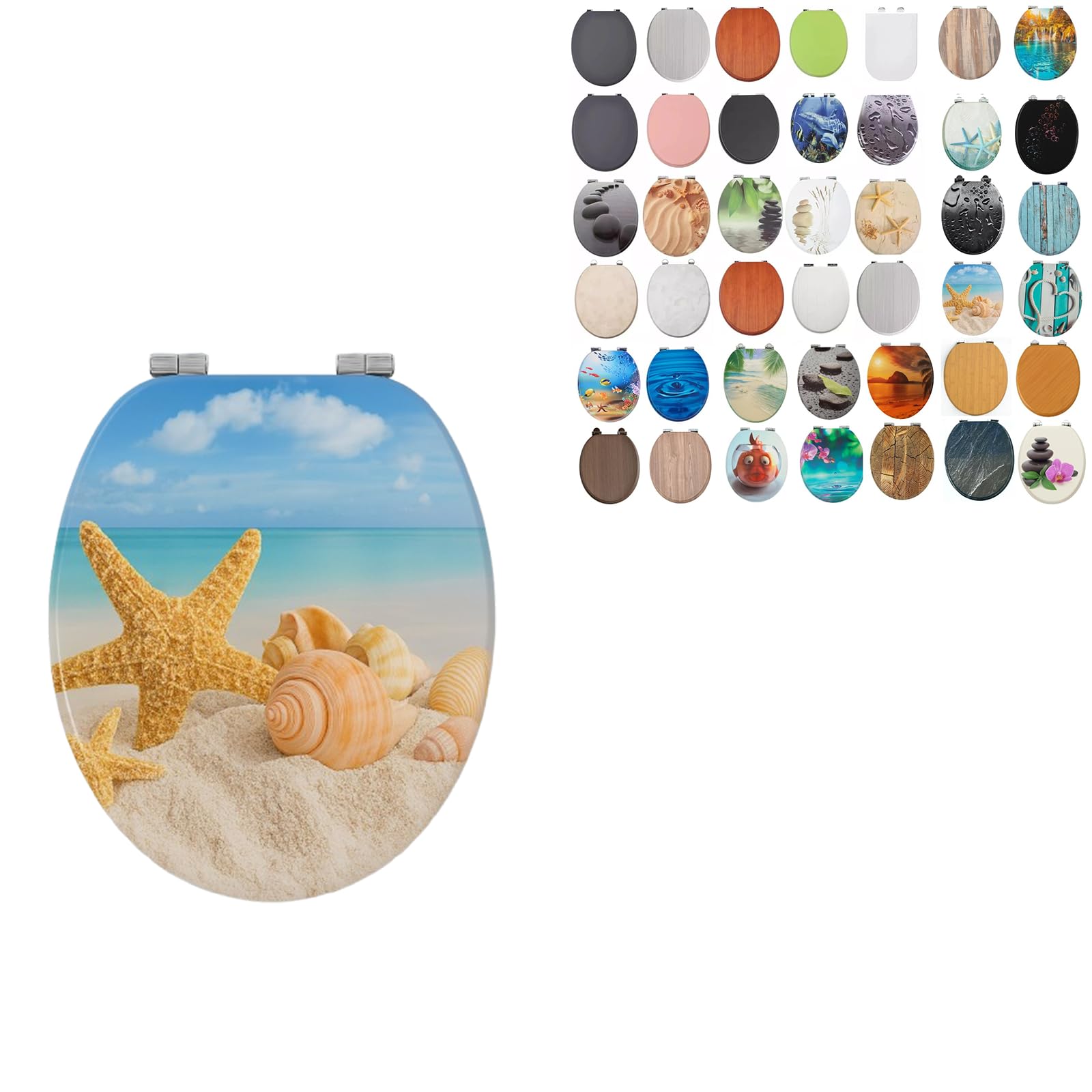 18" MDF Toilet Seat Universal Adjustable Fit Most Toilets Oval Seat┃Bathroom Standard Wooden MDF Toilet Seat | WC SEAT +Fittings (Beach & Seashell) — image 1