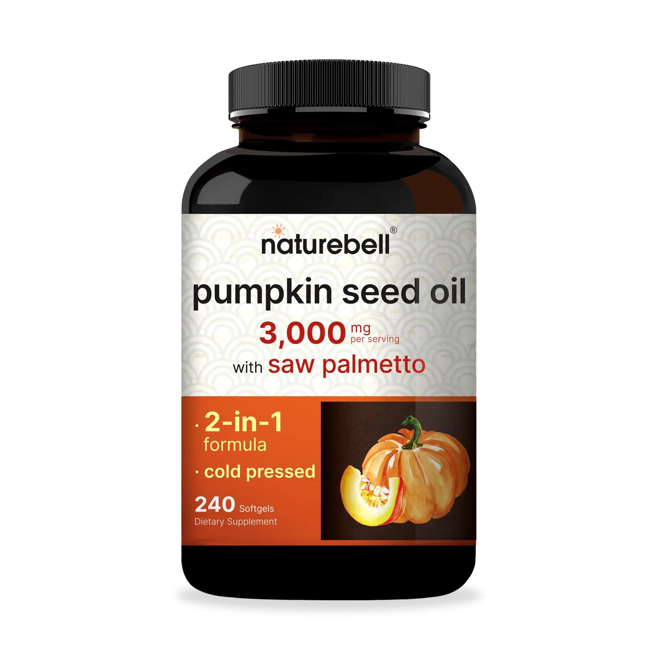 NatureBellVirgin Pumpkin Seed Oil 3,000mg Per Serving with Saw Palmetto, 240 Softgel Capsules | Cold Pressed – Rich in Omega 6 & 9 Essential Fatty Acids – Prostate & Bladder Supplements, Non-GMO