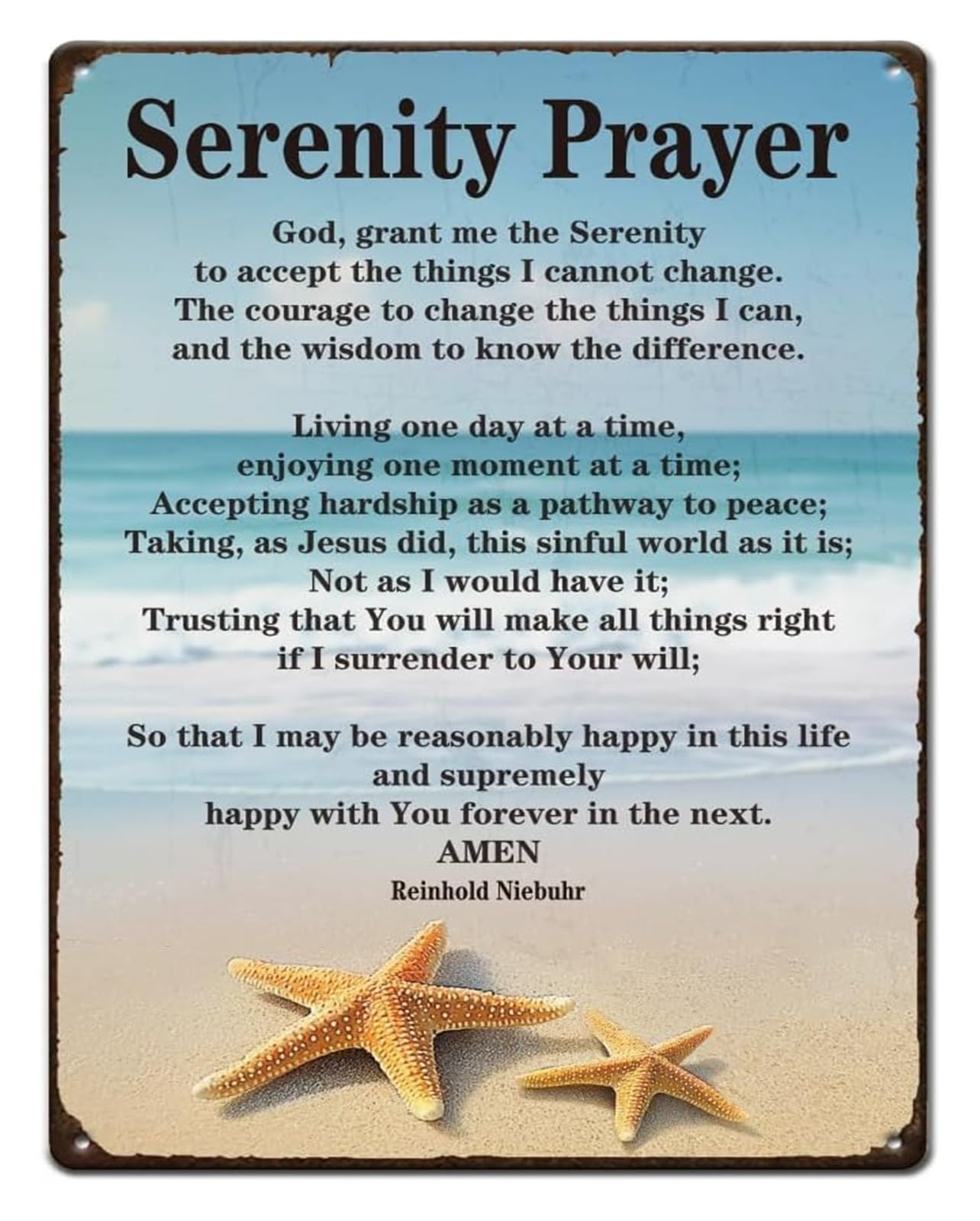 PKNVKZIDK Vintage Tin Wall Sign Serenity Quote with Starfish Beach Theme Scripture Saying Coastal Farmhouse Decor for Church Home Office 8 X 12 in