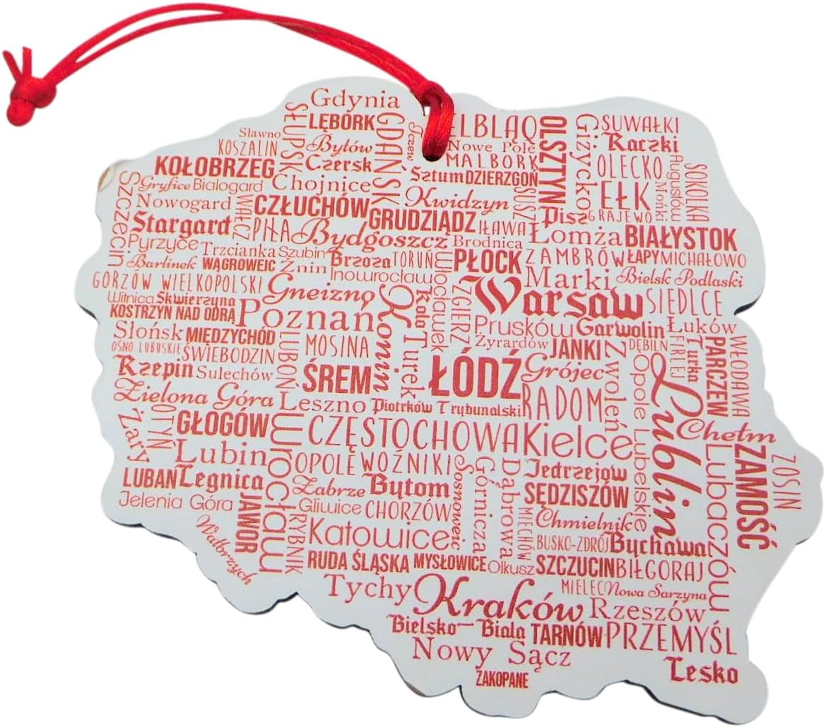 Poland Ornament Wooden Christmas Tree Decoration with Polish Town and City Names, 6 Inches
