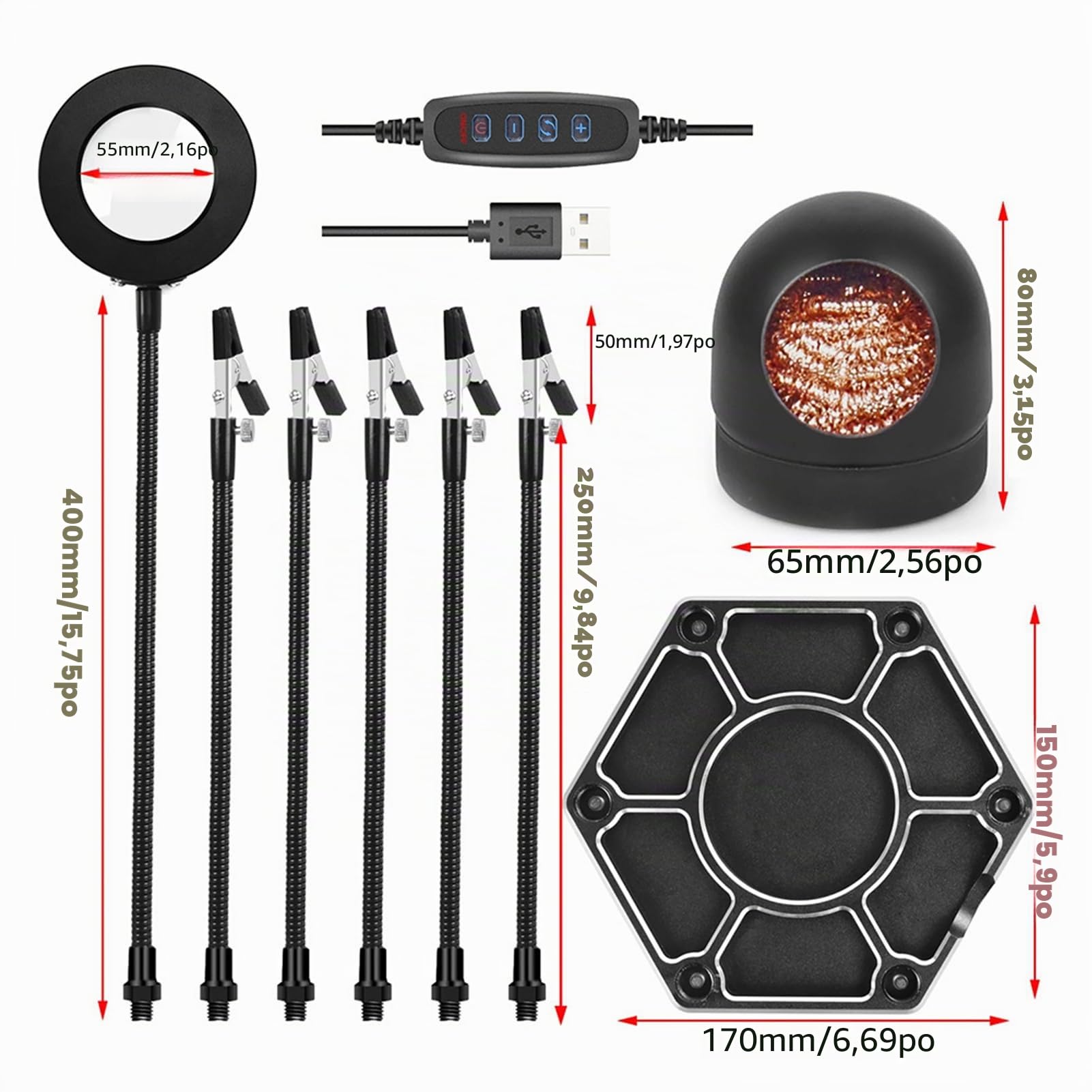 Geevorks Troisième Main Soudure, Troisième 3eme Main avec 6 Bras Flexibles Réglables, Loupe 3X LED pour Réparation Électronique, Modélisme et Loisirs Créatifs
