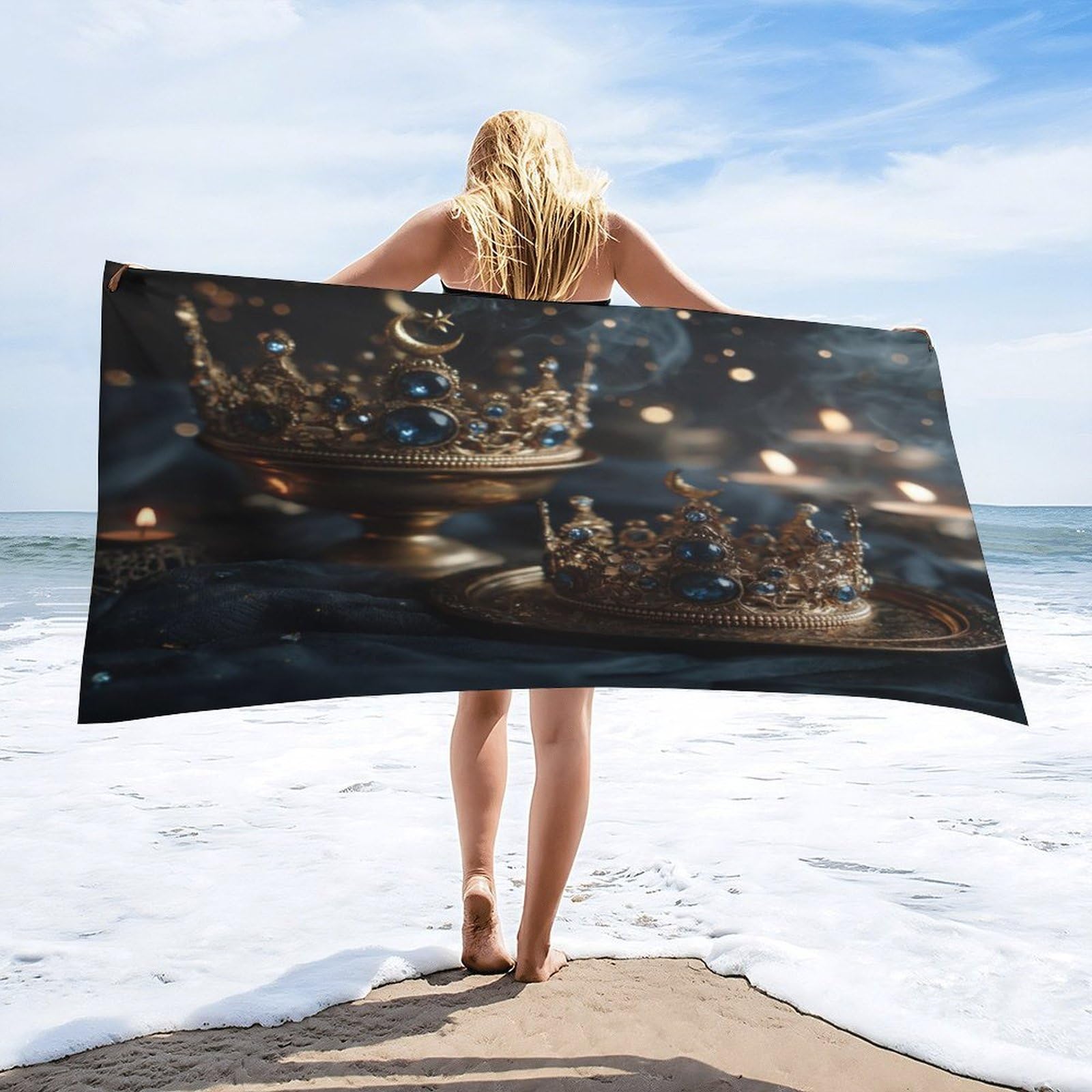 Luyysky Vintage Modern Crystal Crown Quick-Drying Beach Towel, Rustic Luxury Sun Moon Crown Couple Pattern Travel Vacation Single Sided Pile Bathroom Towels-80 W Cm X 160" L Cm