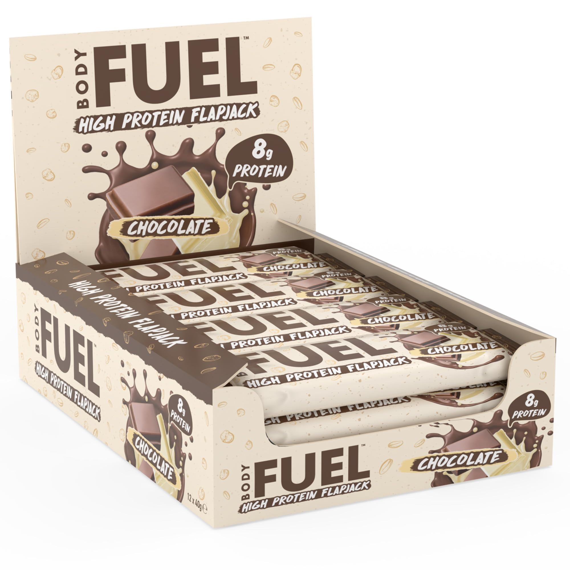 BodyFuel High Protein Flapjack - 8g Protein, Low Sugar, High Fiber Snack for Pre-Workout & Post-Workout Recovery (Chocolate)(12 x 40g)